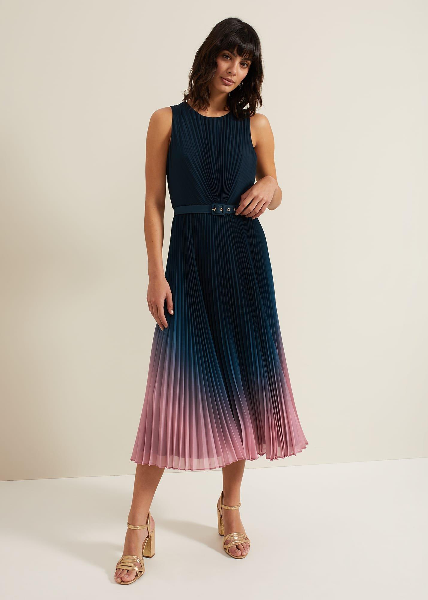 Simara Ombre Chiffon Midi Pleat Dress