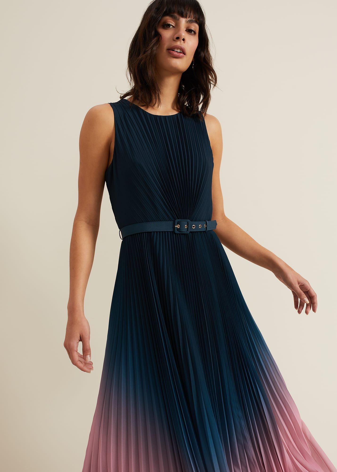 Simara Ombre Chiffon Midi Pleat Dress