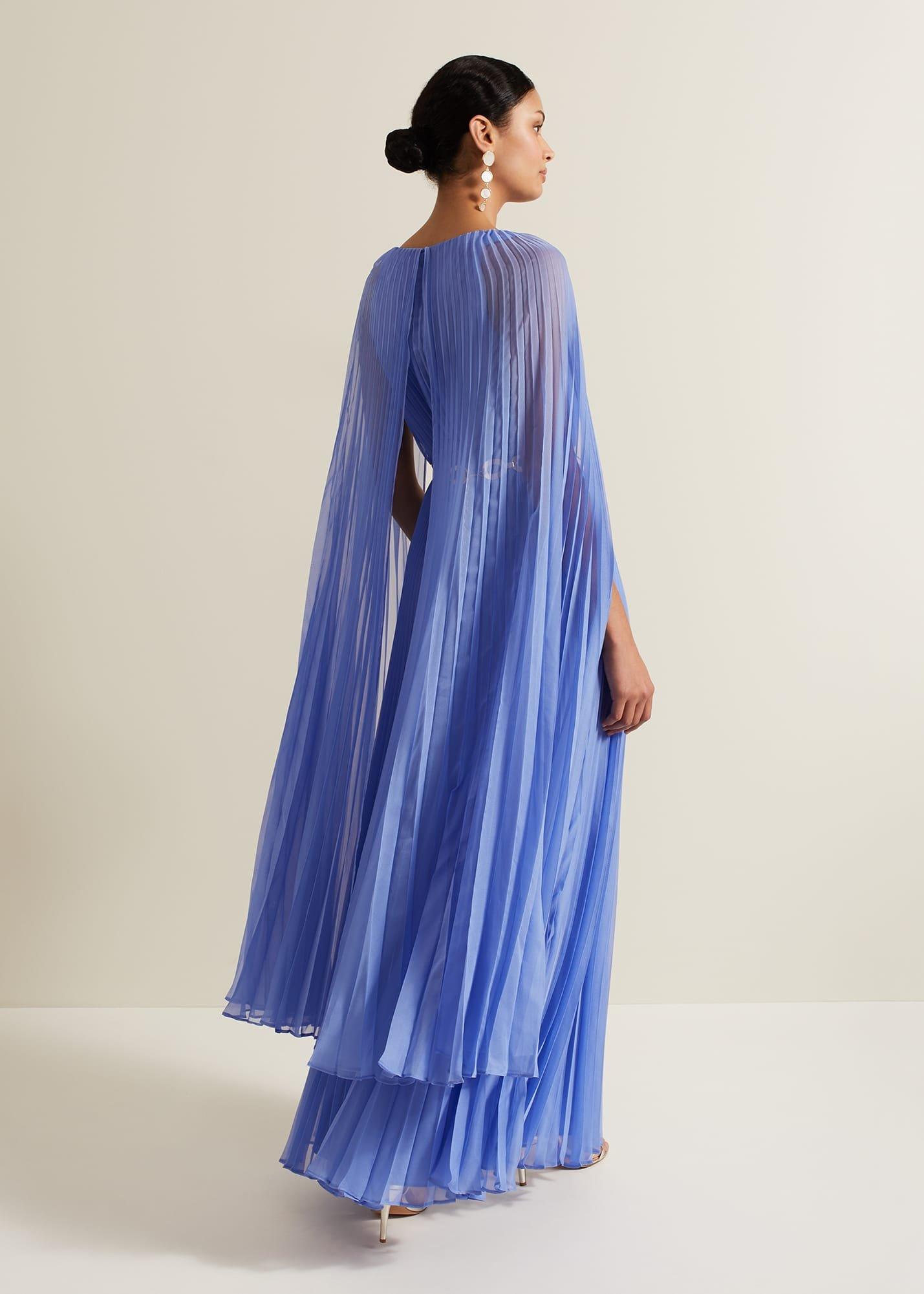 Marren Blue Chiffon Pleated Maxi Dress