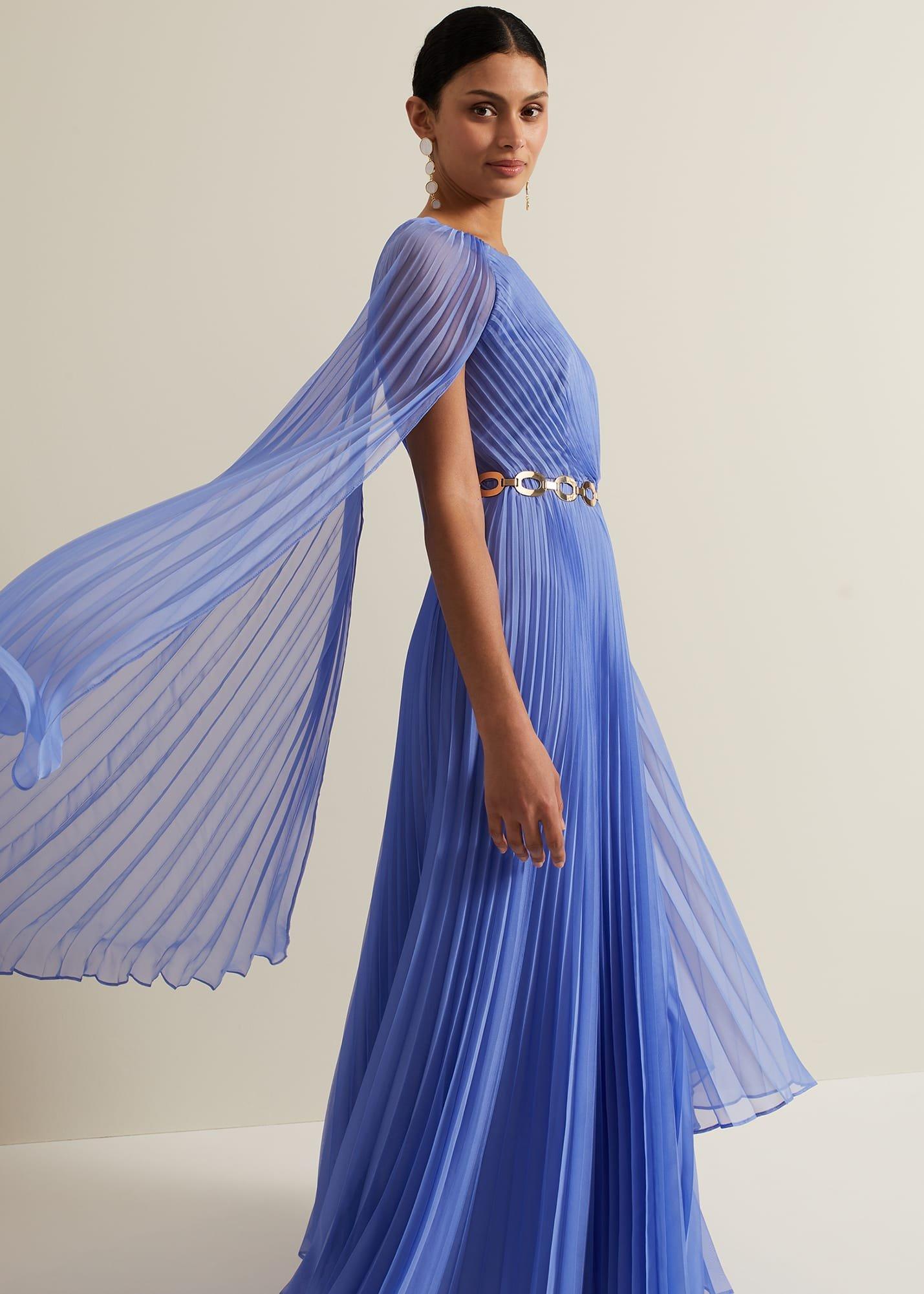Marren Blue Chiffon Pleated Maxi Dress
