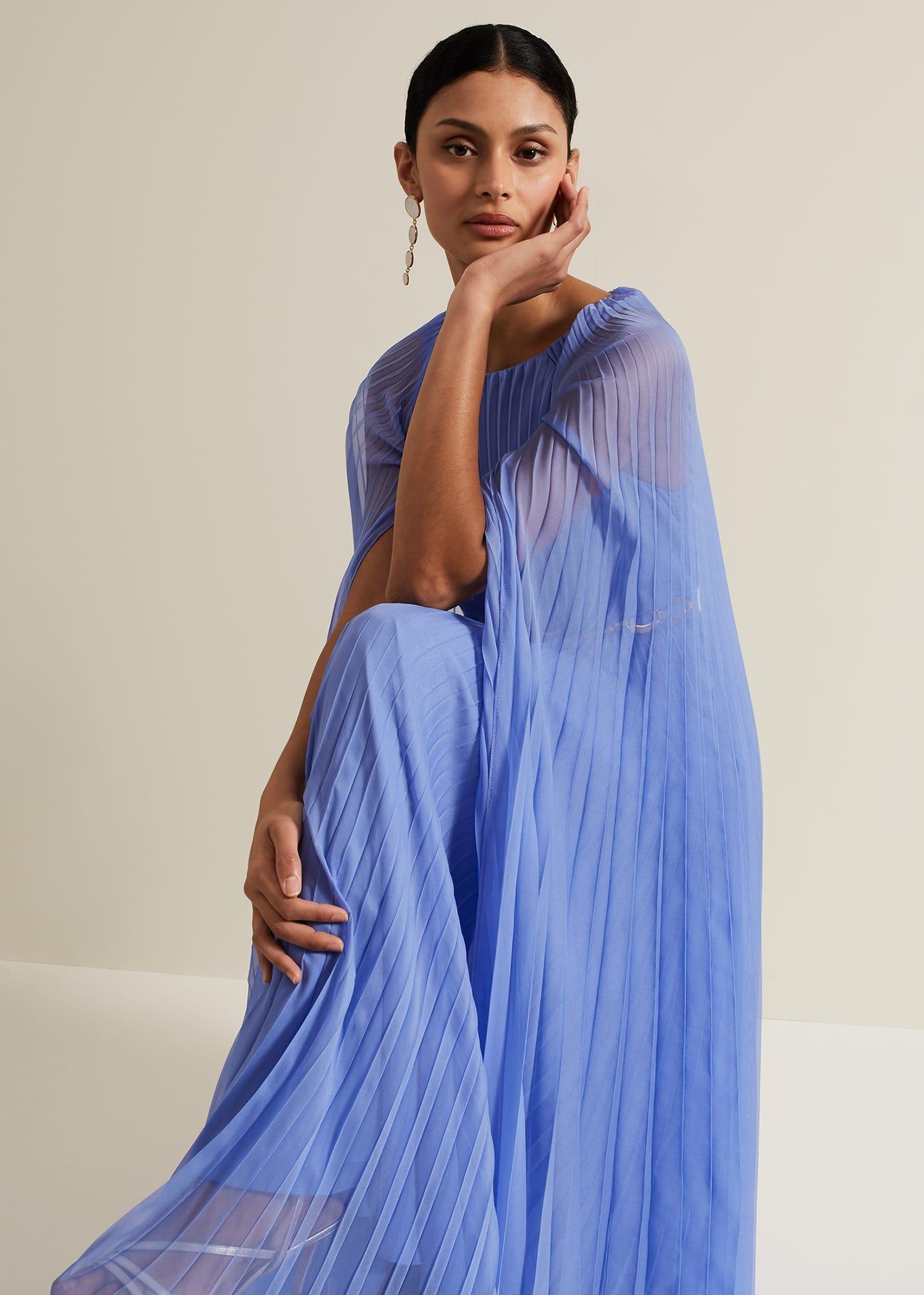 Marren Blue Chiffon Pleated Maxi Dress
