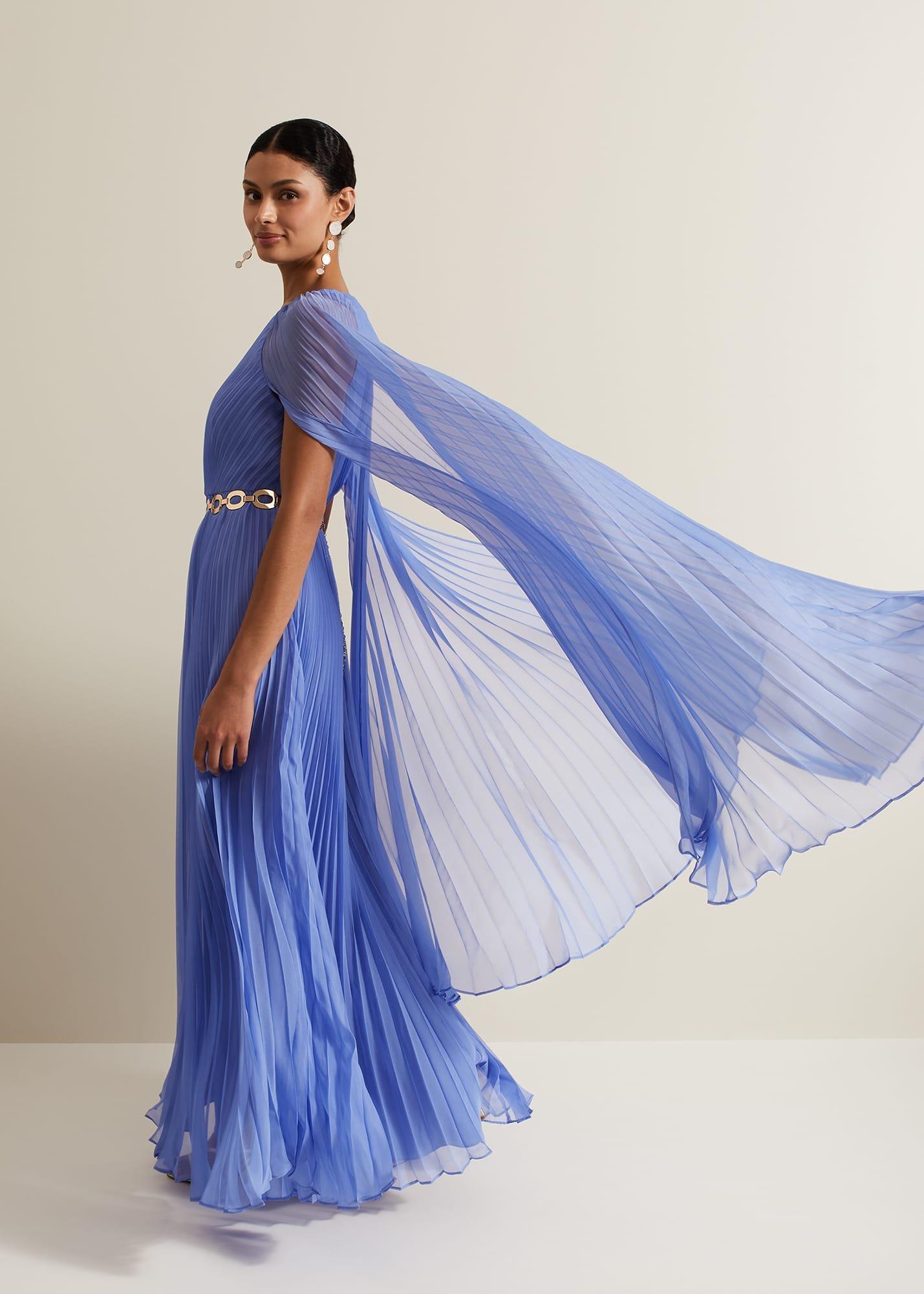 Marren Blue Chiffon Pleated Maxi Dress