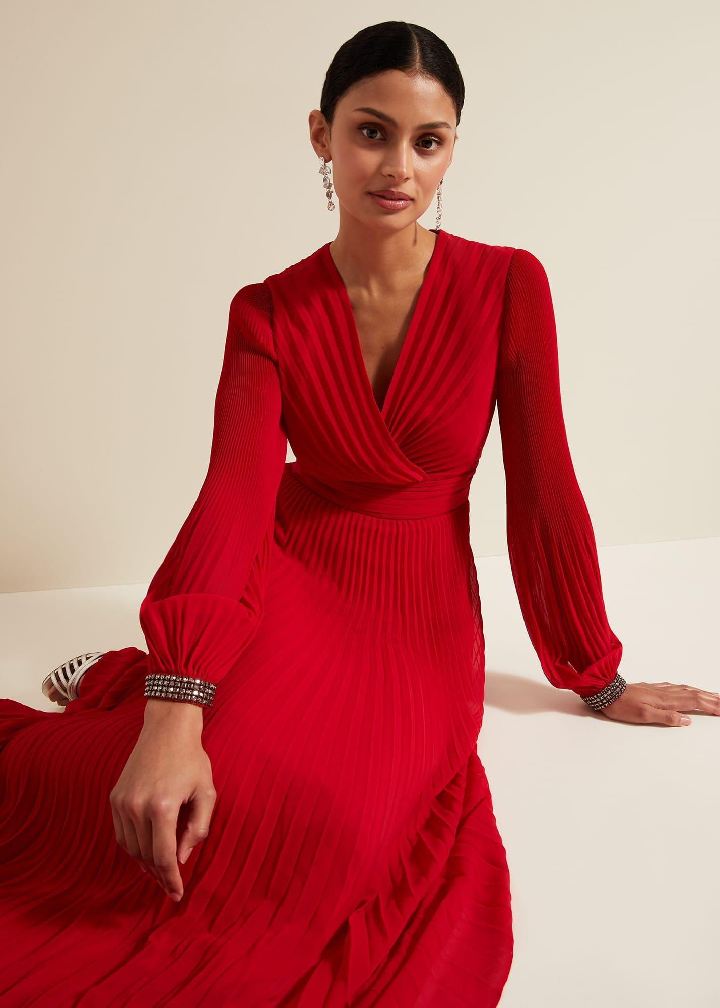 Vila Red Pleated Maxi Dress