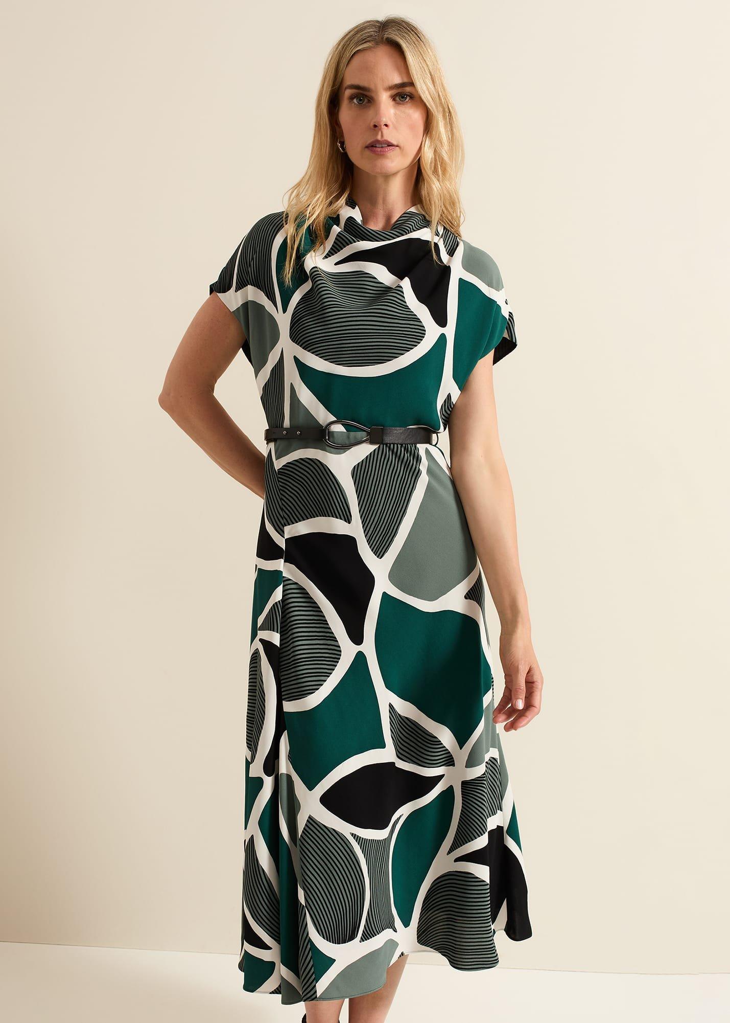 Zaynab Green Swirl Cowl Neck Midi Dress