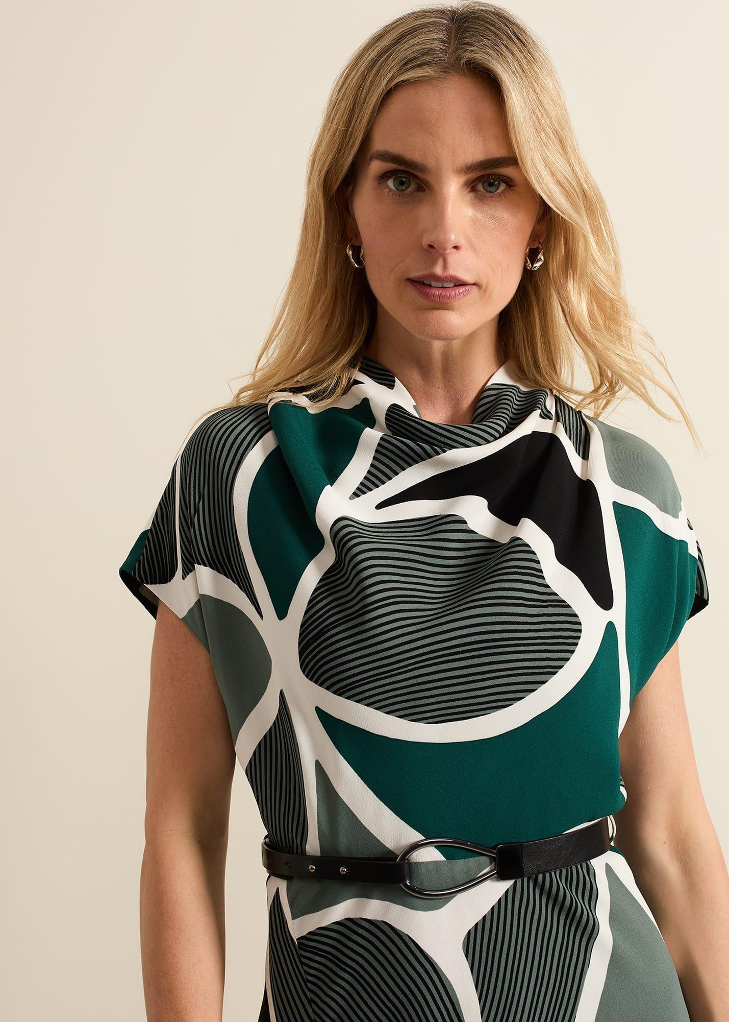 Zaynab Green Swirl Cowl Neck Midi Dress