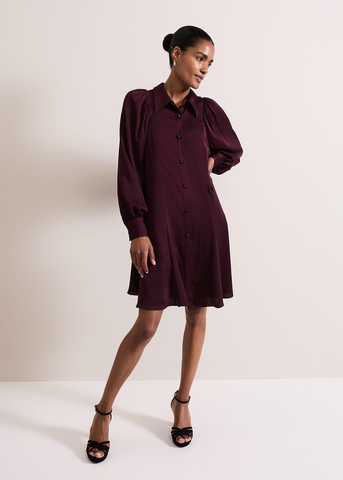 Tila Burgundy Embellished Shirt Dress