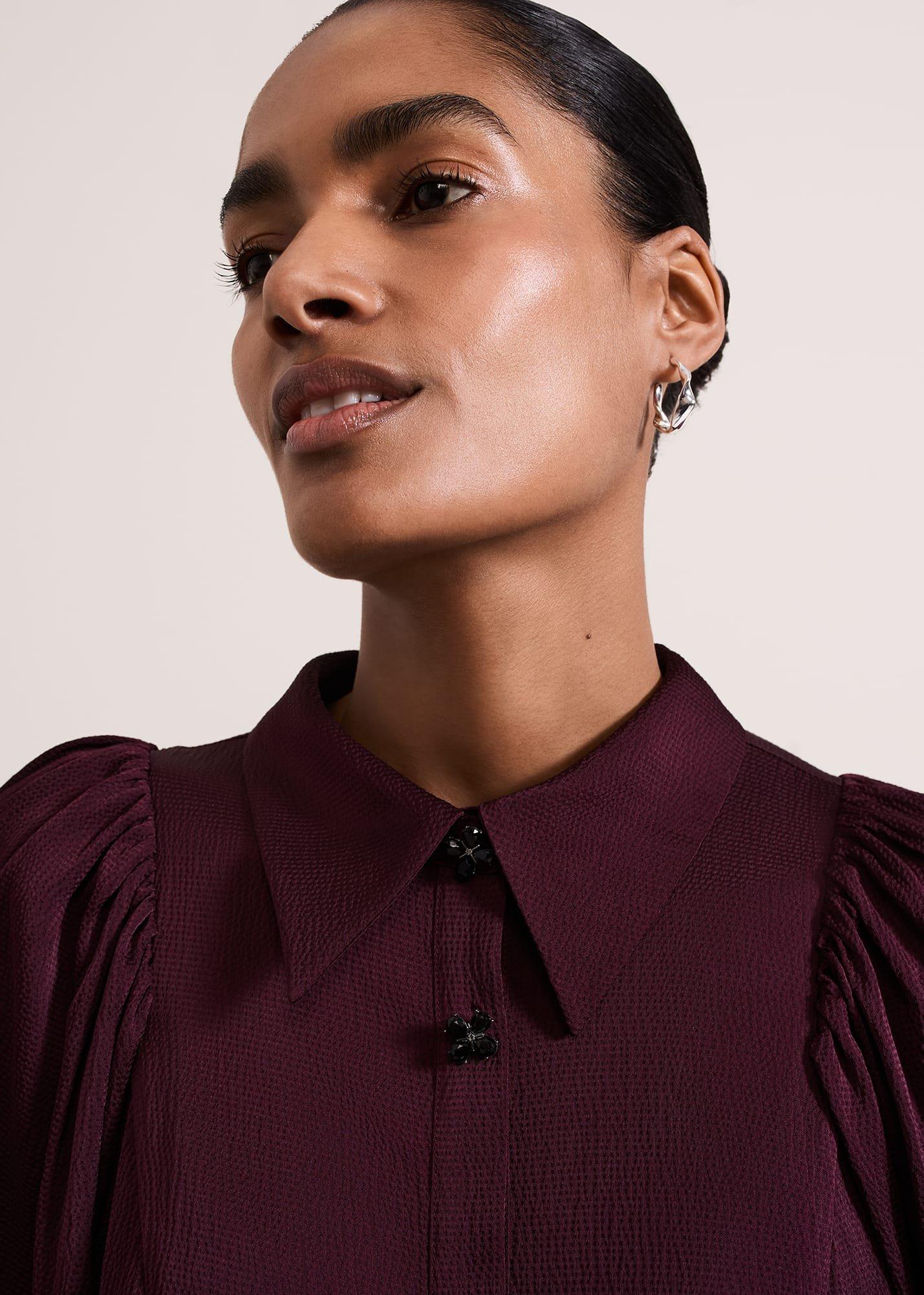 Tila Burgundy Embellished Shirt Dress