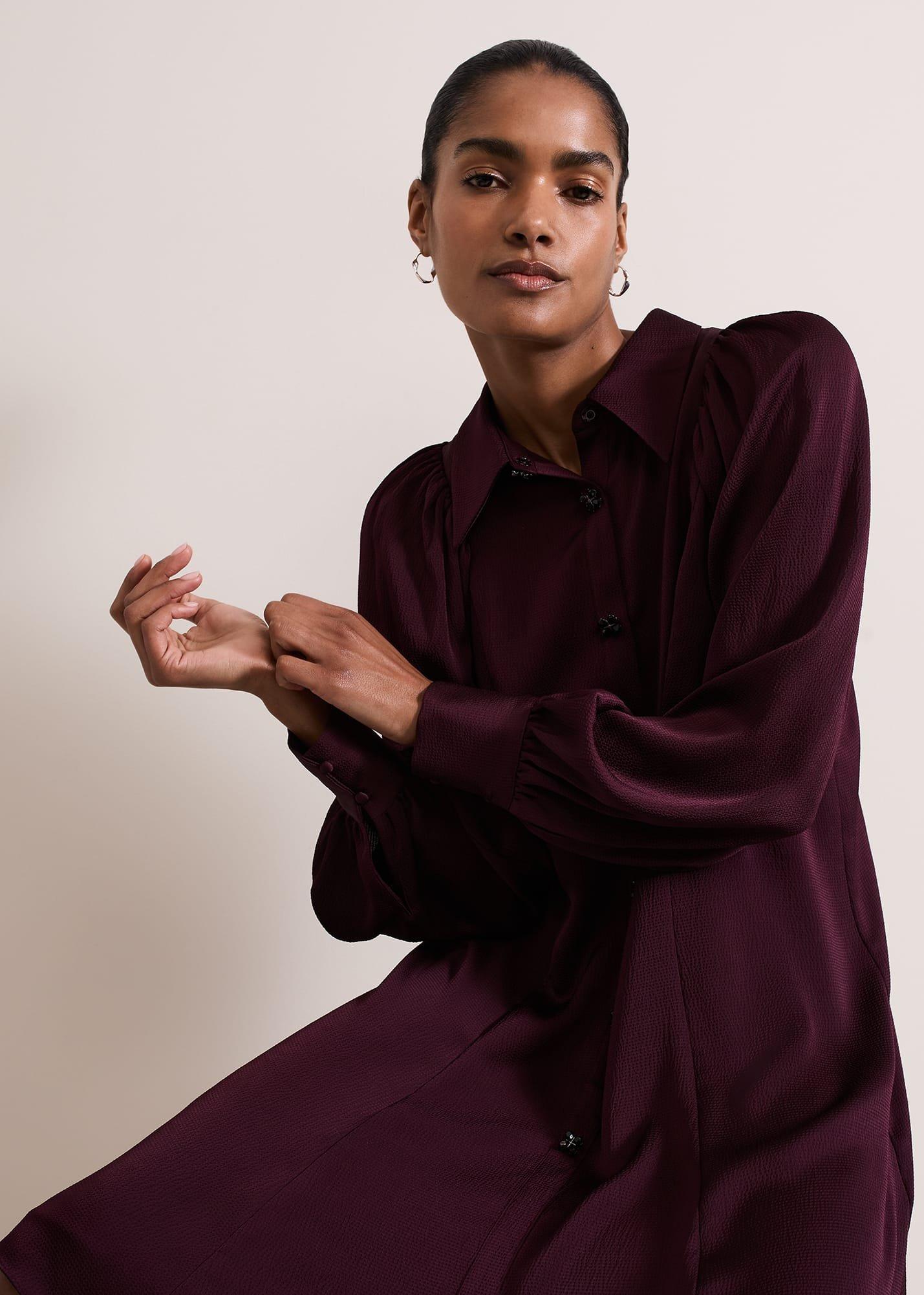 Tila Burgundy Embellished Shirt Dress