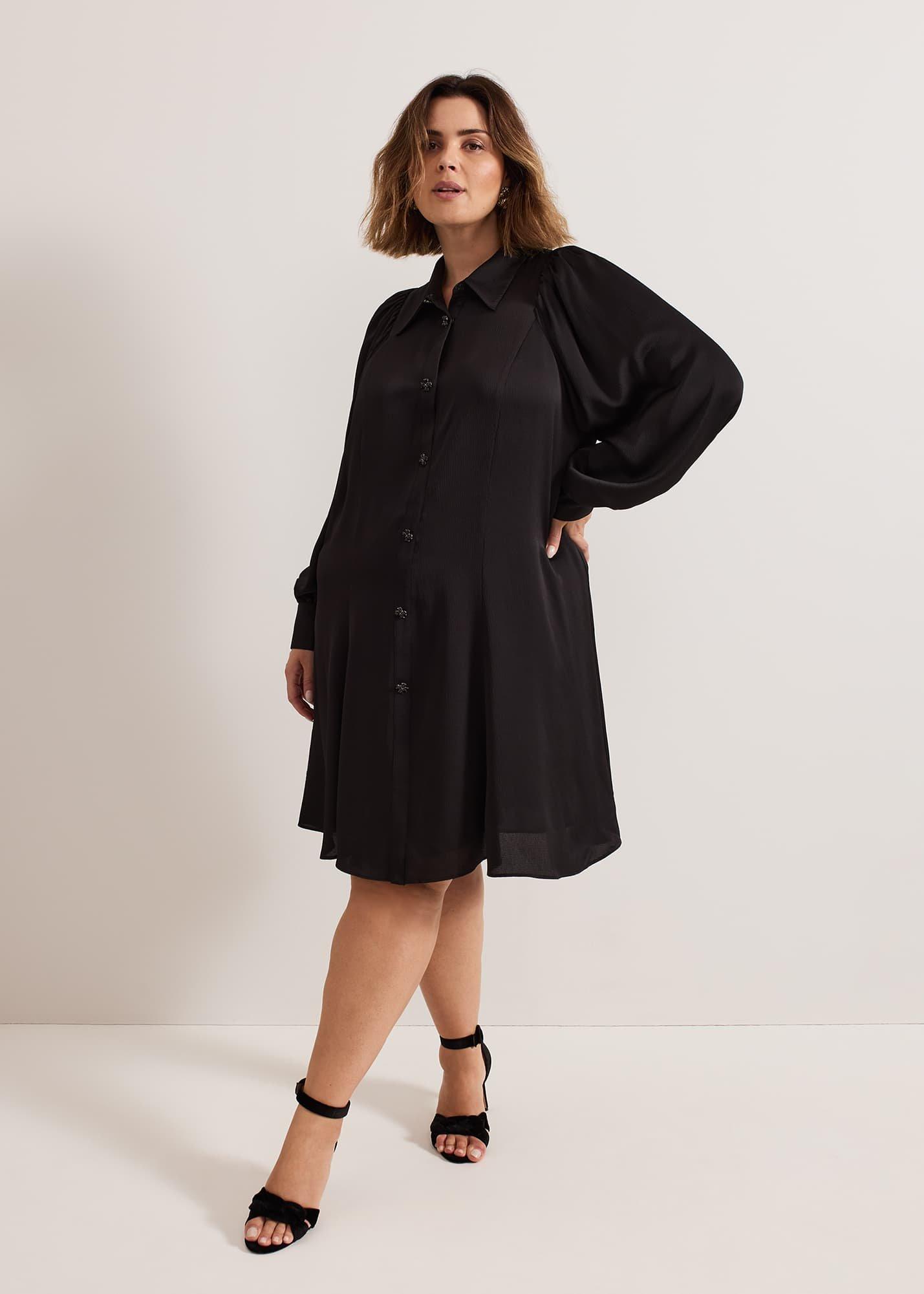 Tila Black Satin Embellished Shirt Dress