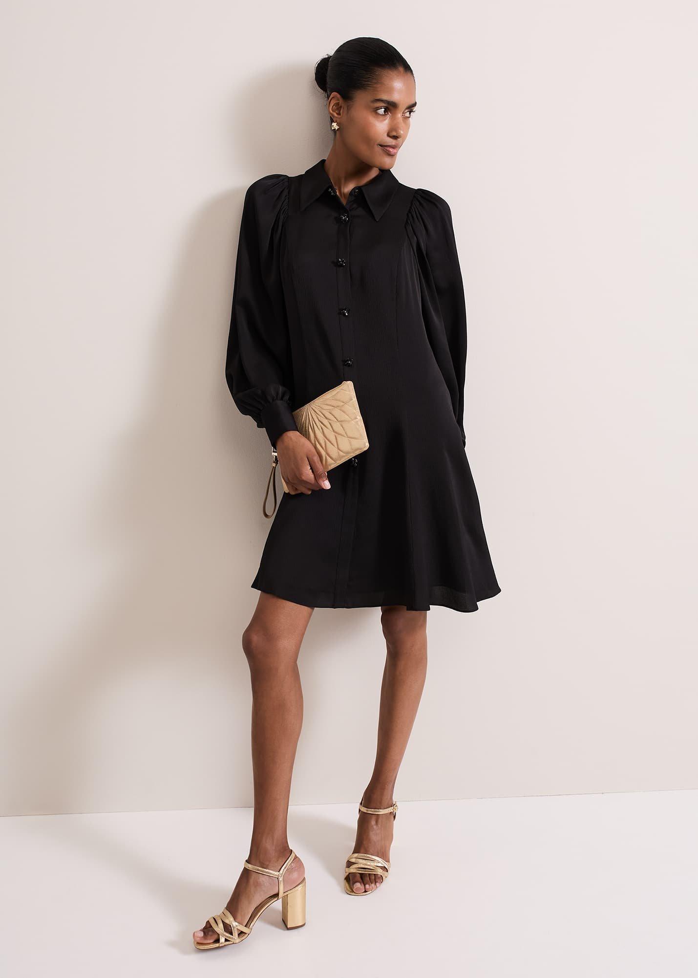 ${product-id}-Tila Black Satin Embellished Shirt Dress-Black-${view-type}