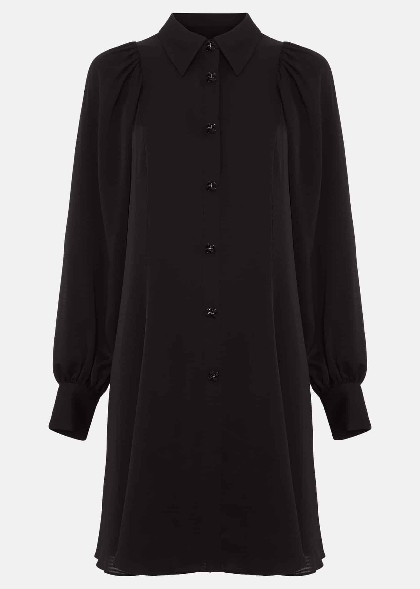 Tila Black Satin Embellished Shirt Dress