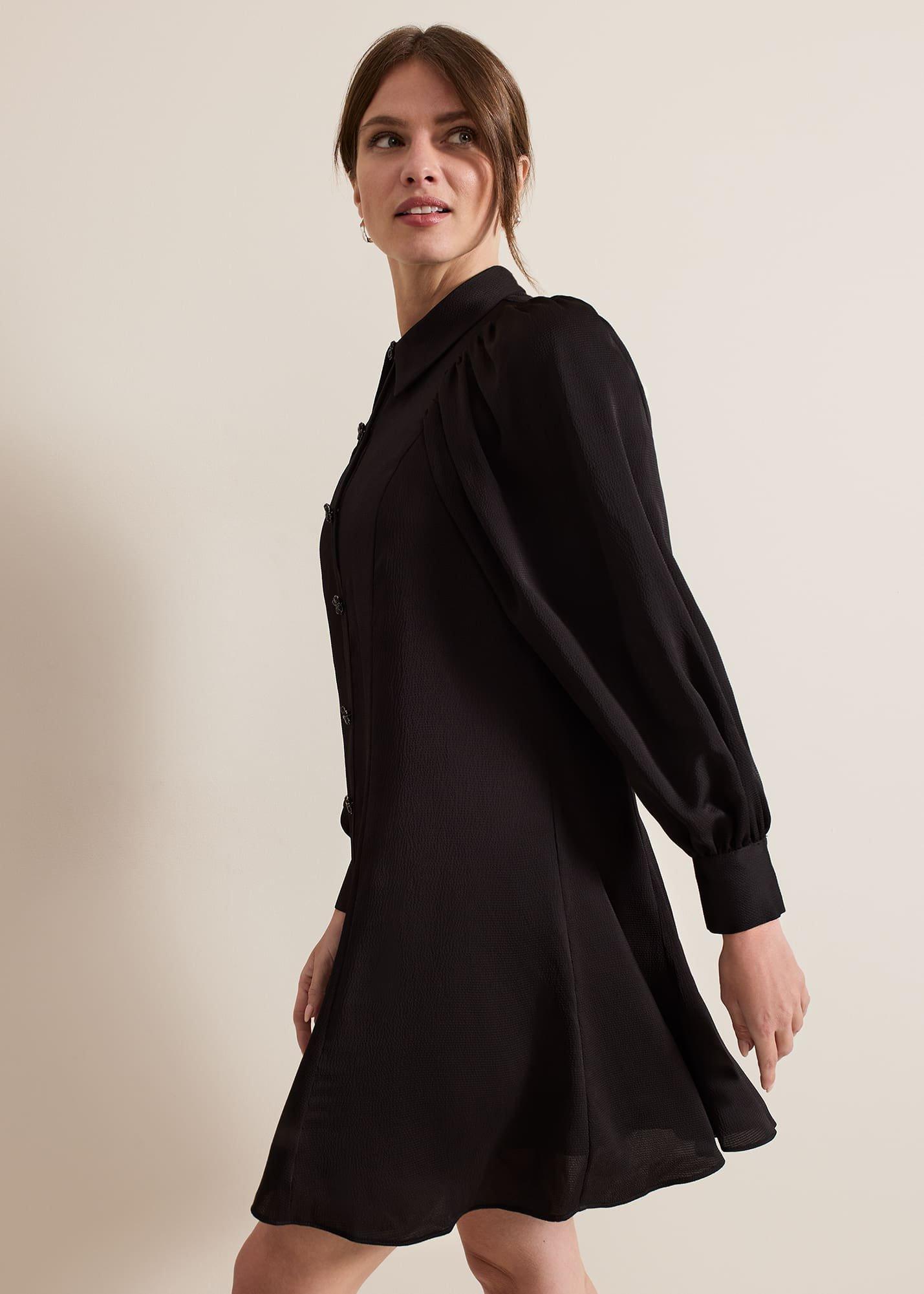Petite Tila Black Satin Shirt Dress