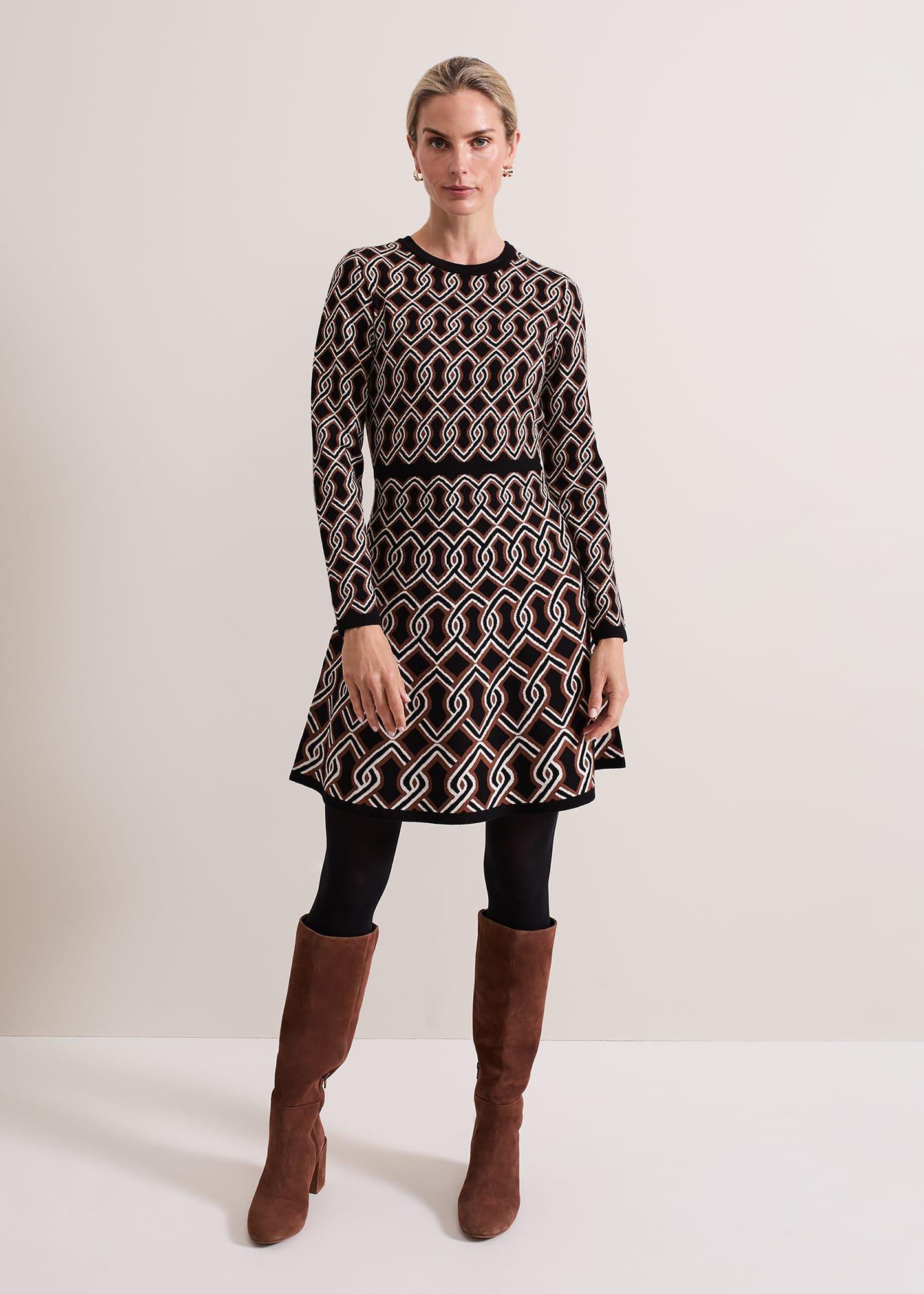 ${product-id}-Josie Jacquard Fit And Flare Swing Dress-Black/Multi-${view-type}