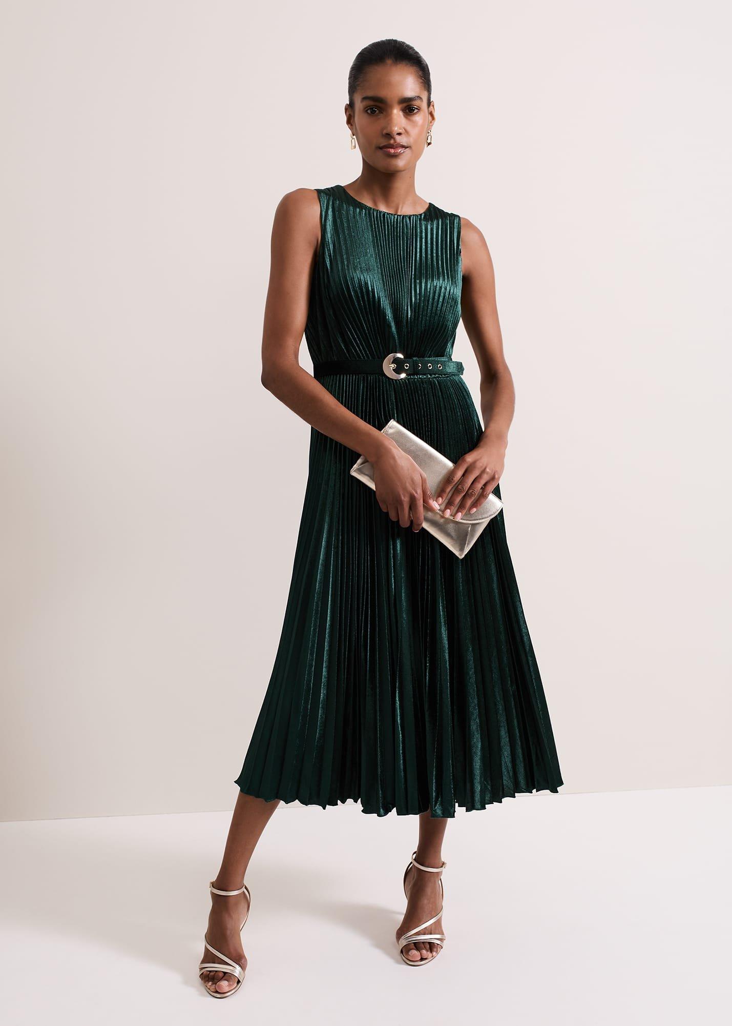 ${product-id}-Simara Velvet Pleat Midi Dress-Dark Green-${view-type}