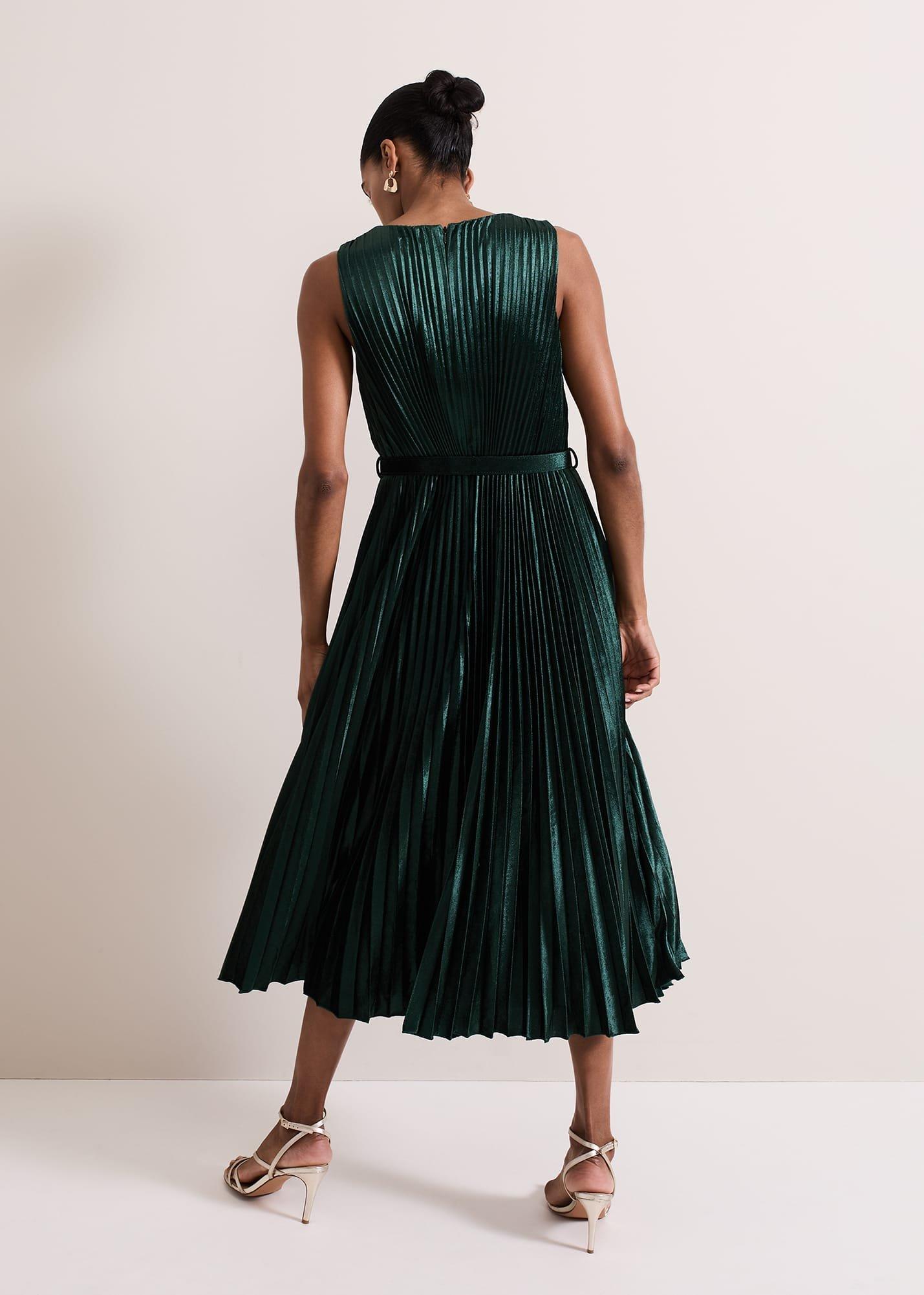 ${product-id}-Simara Velvet Pleat Midi Dress-Dark Green-${view-type}