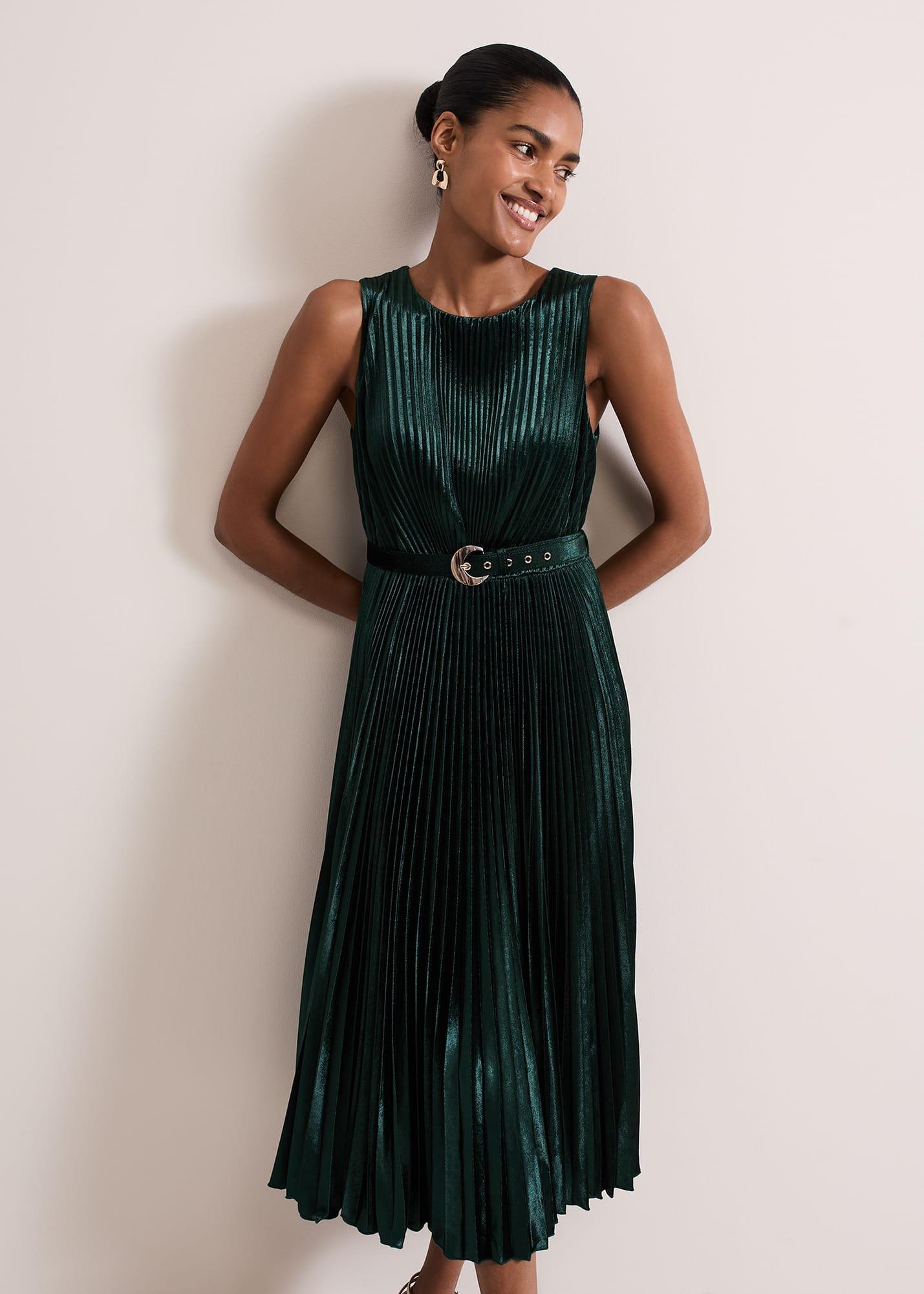 ${product-id}-Simara Velvet Pleat Midi Dress-Dark Green-${view-type}