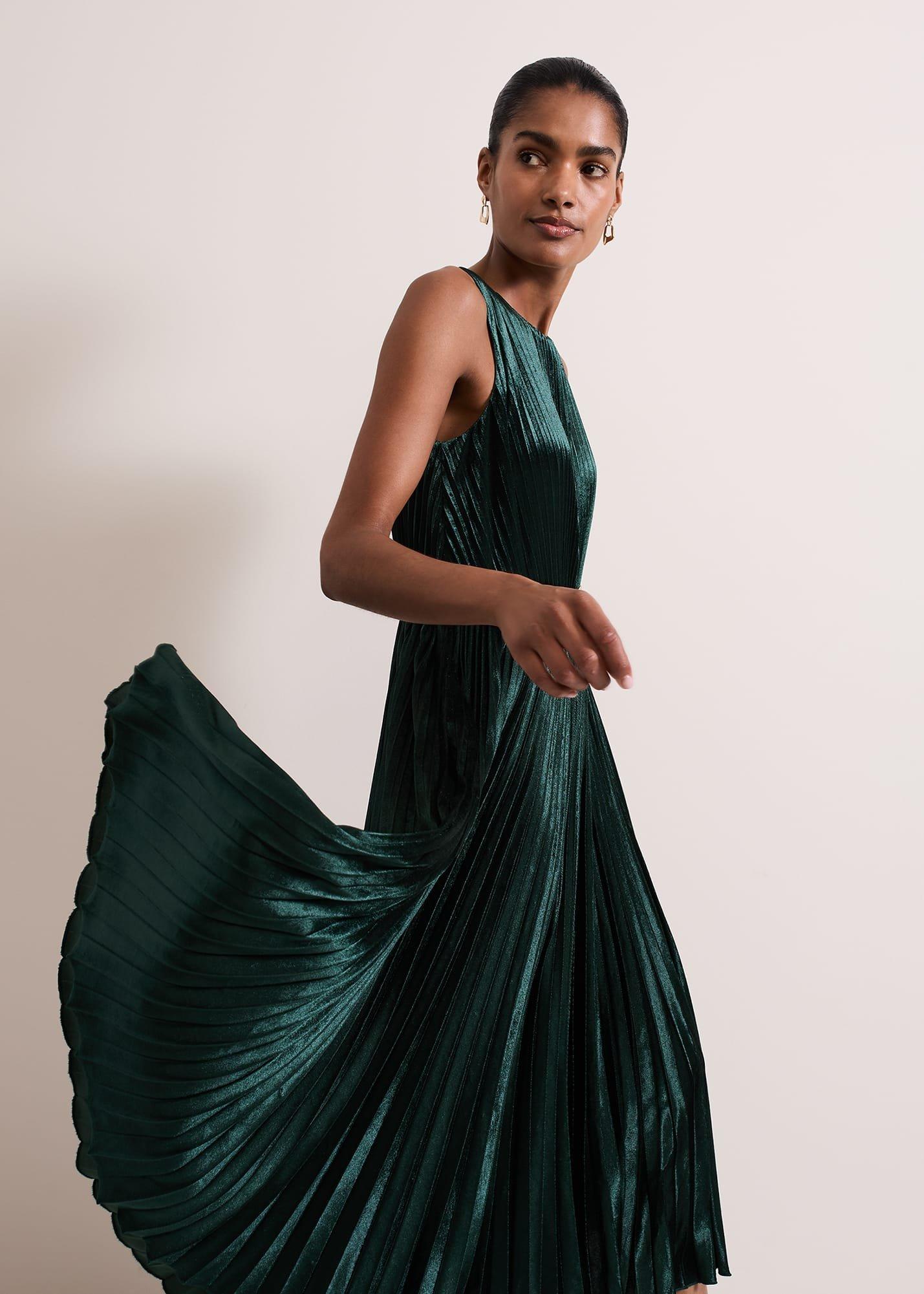 ${product-id}-Simara Velvet Pleat Midi Dress-Dark Green-${view-type}