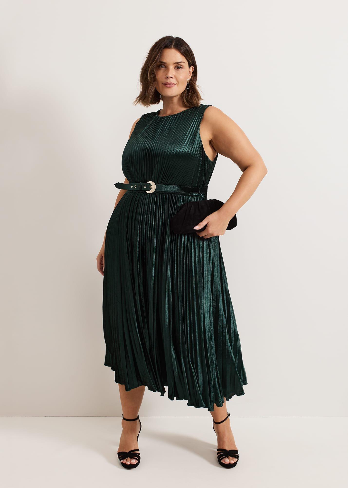 ${product-id}-Simara Velvet Pleat Midi Dress-Dark Green-${view-type}