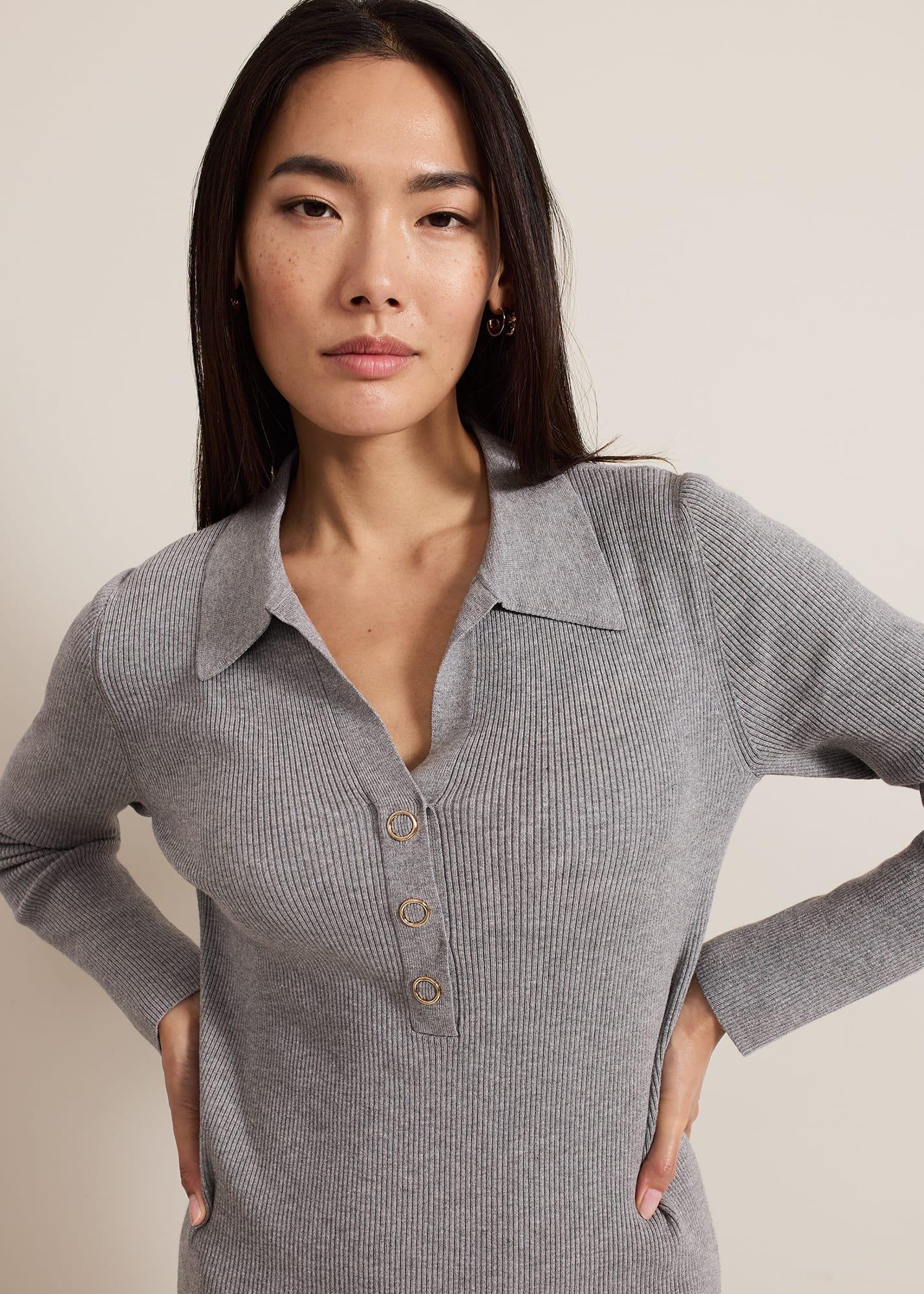 ${product-id}-Lucy Collared Popper Column Midi Dress-Grey-${view-type}