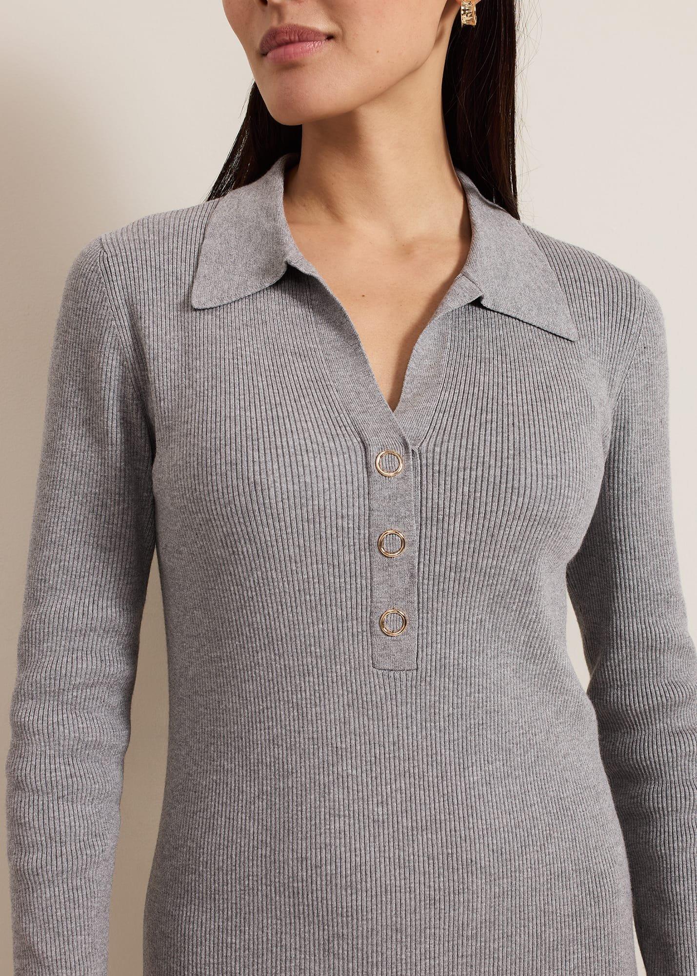 ${product-id}-Lucy Collared Popper Column Midi Dress-Grey-${view-type}