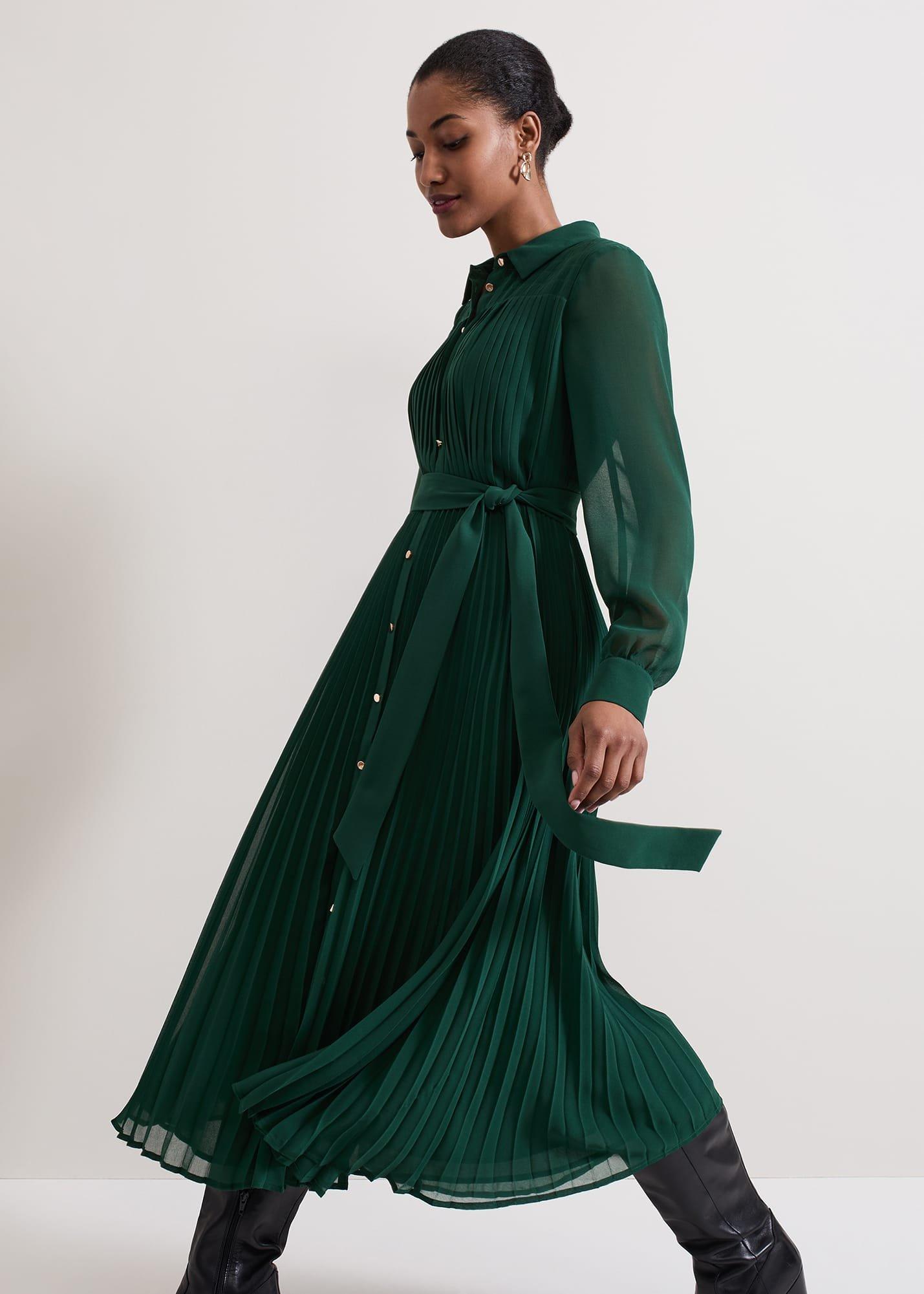 Gabriela Green Pleated Shirt Dress
