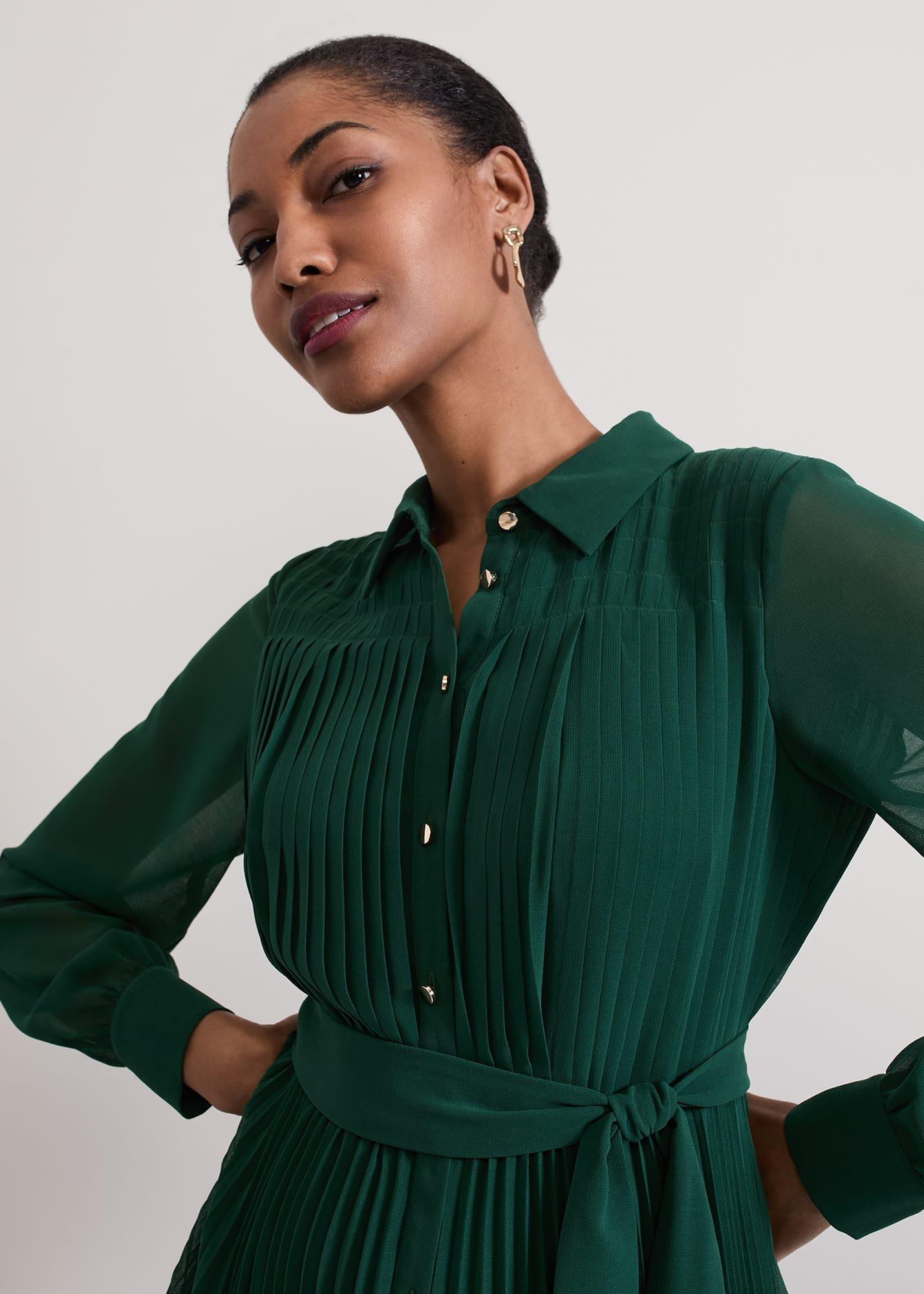 Gabriela Green Pleated Shirt Dress