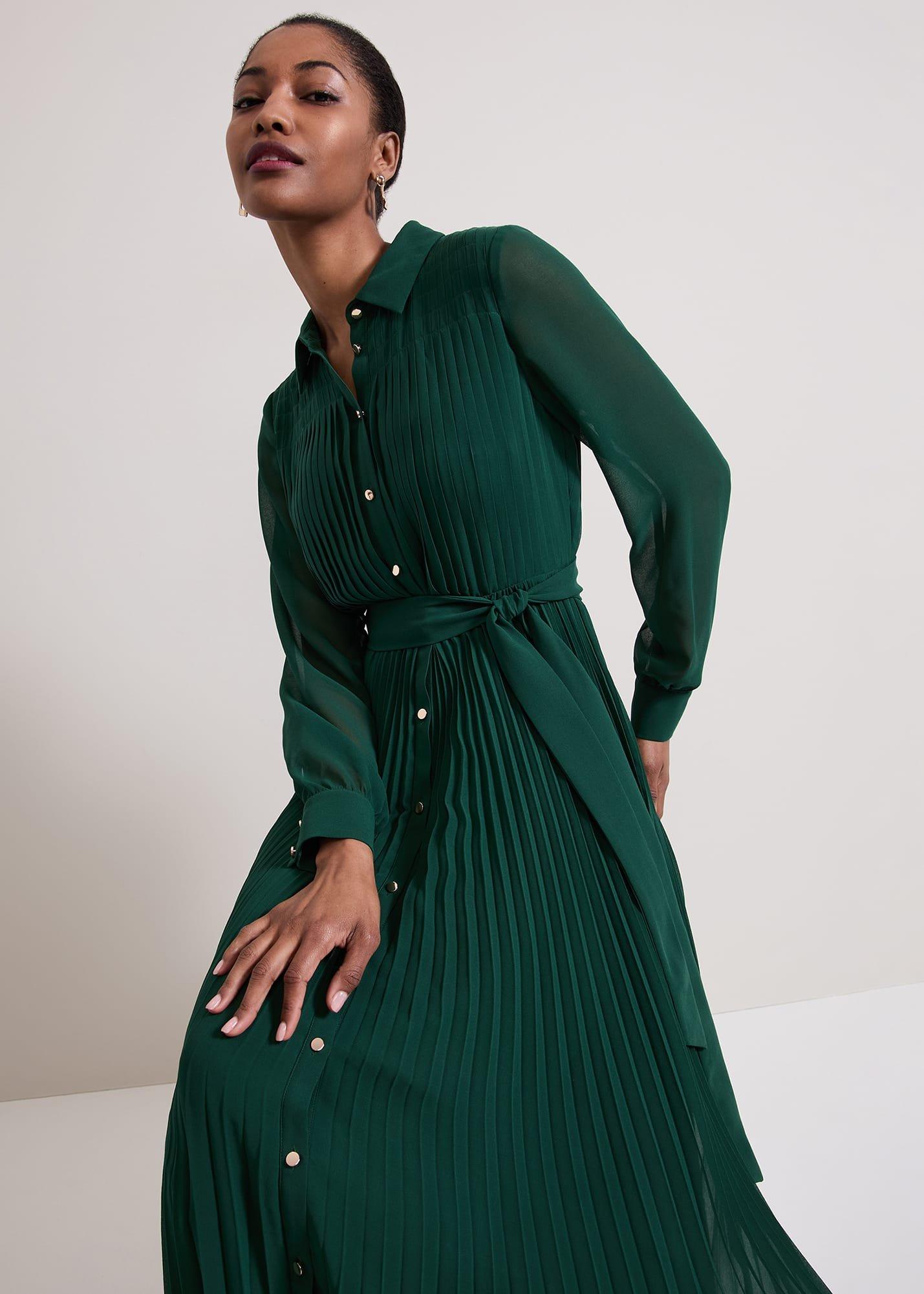 Gabriela Green Pleated Shirt Dress