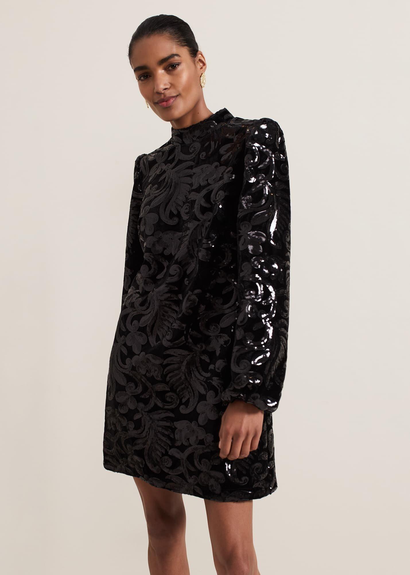 Trudy Black Sequin Velvet Shift Dress