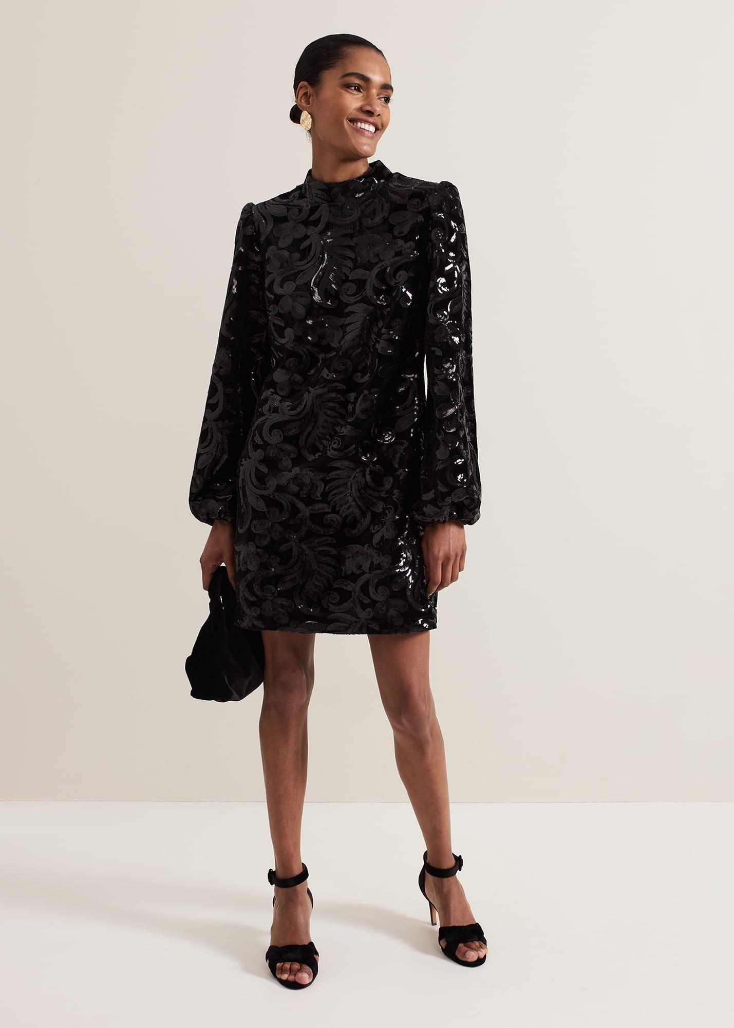 Trudy Black Sequin Velvet Shift Dress