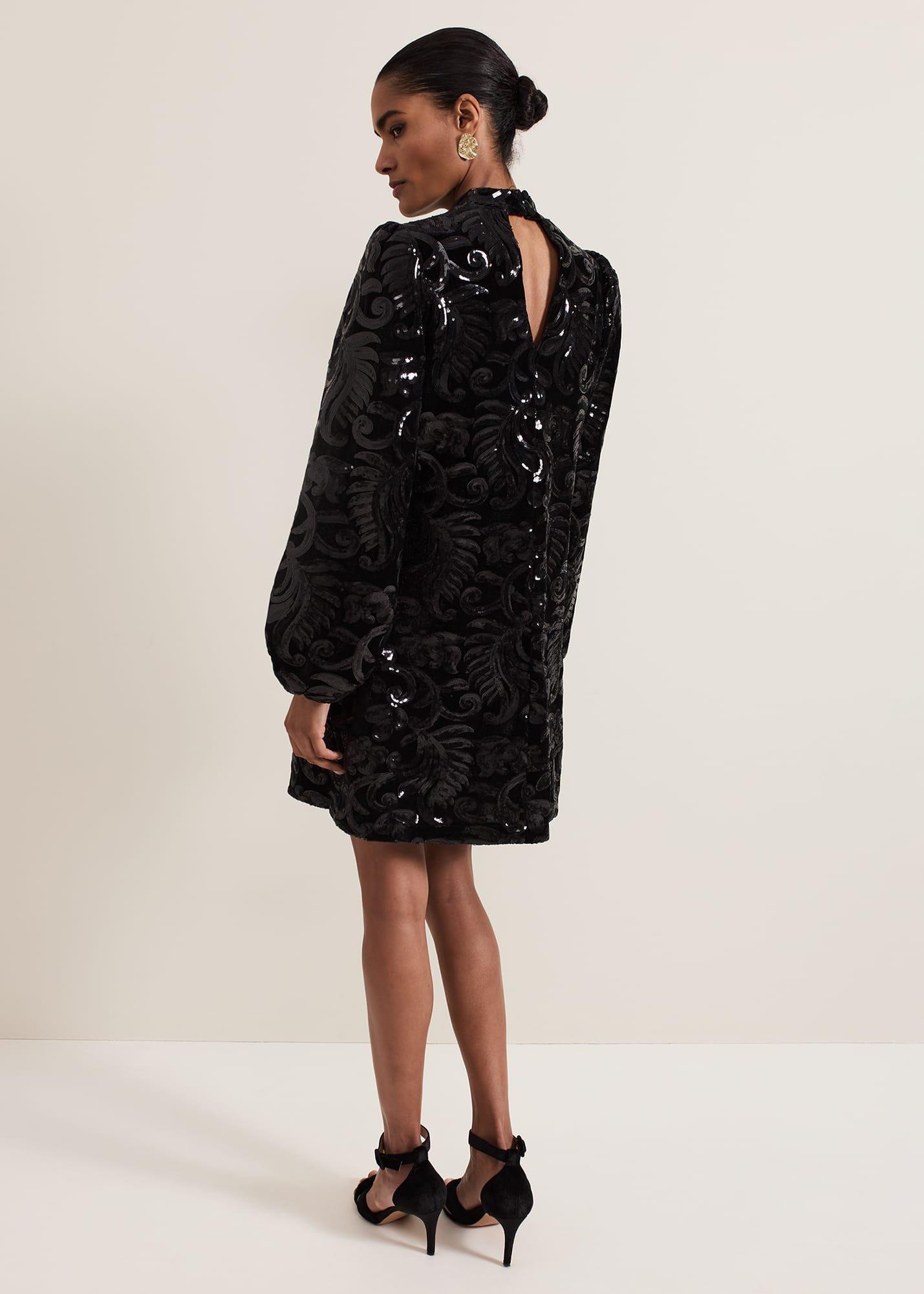 Trudy Black Sequin Velvet Shift Dress