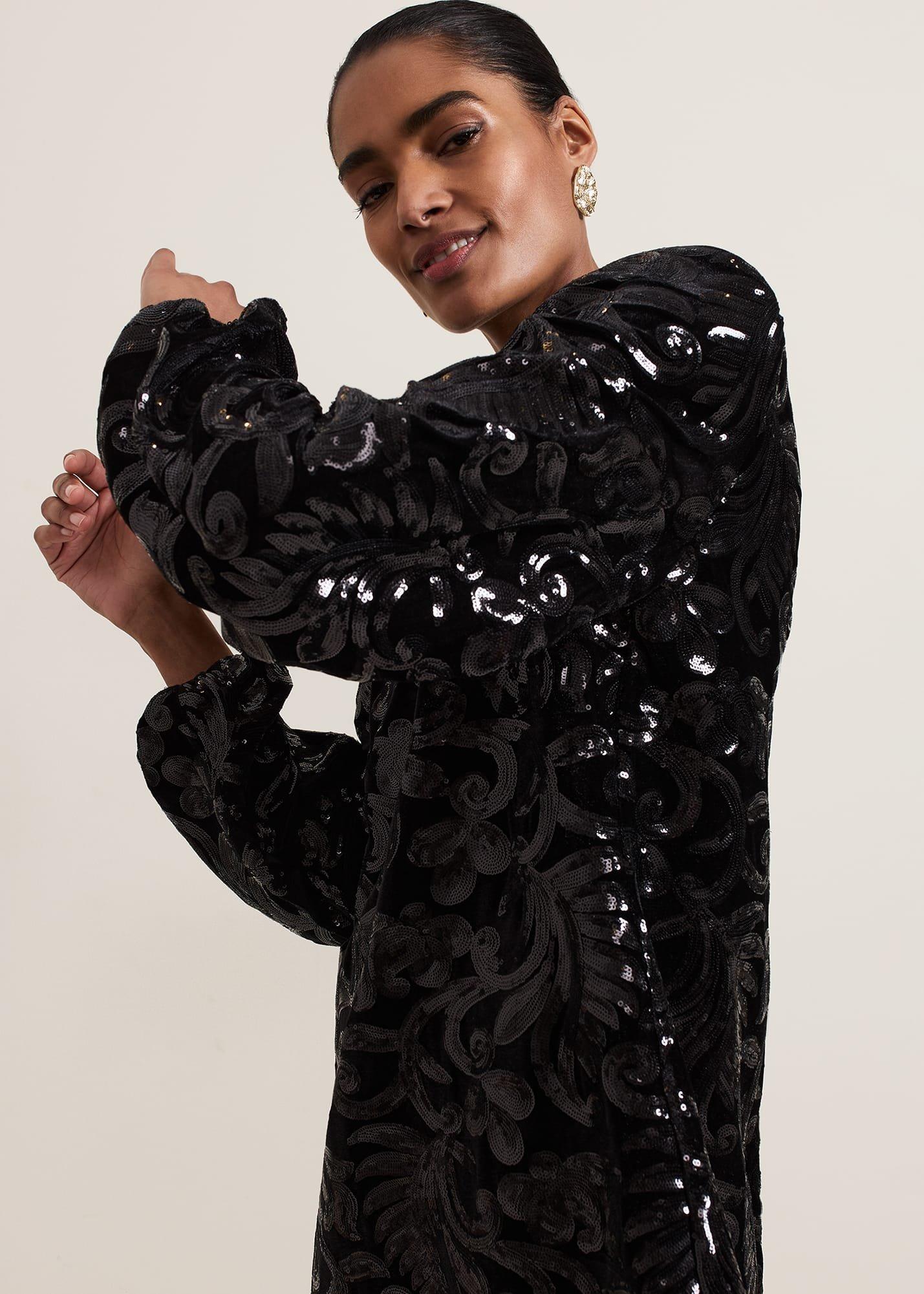 Trudy Black Sequin Velvet Shift Dress