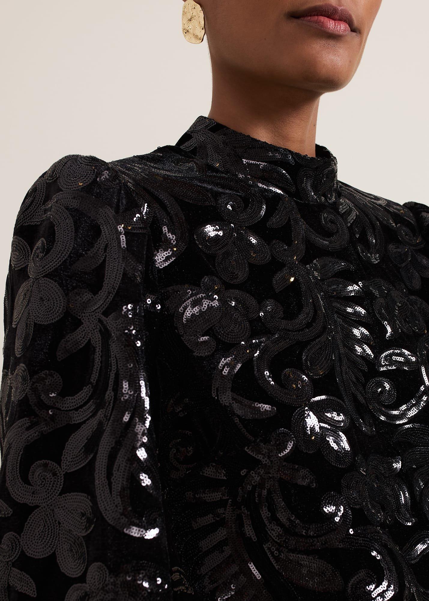 Trudy Black Sequin Velvet Shift Dress