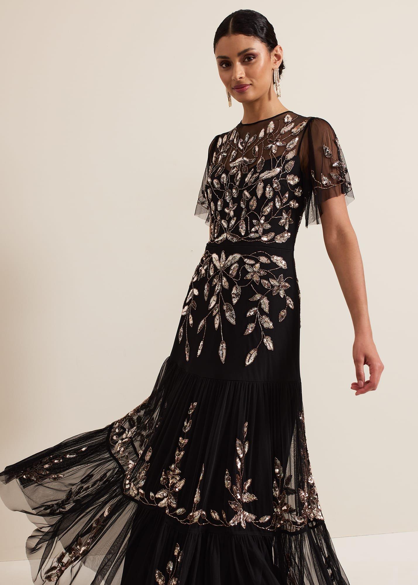 Hilary Black Embellished Midi Dress
