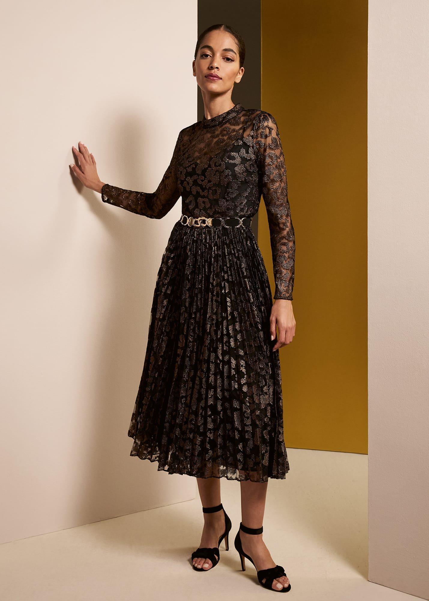 Theodora Leopard Pleat Midi Dress