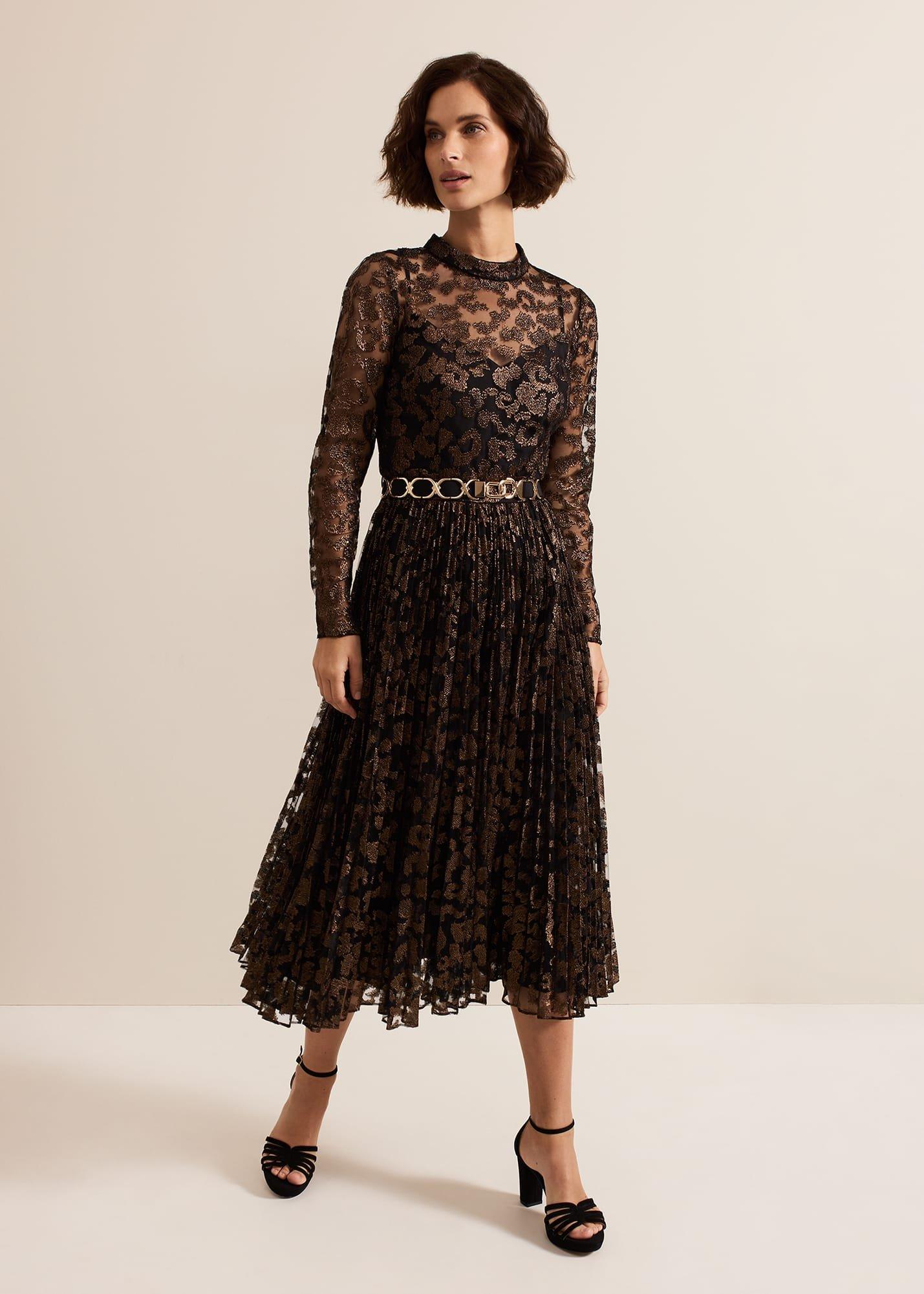 Theodora Leopard Pleat Midi Dress
