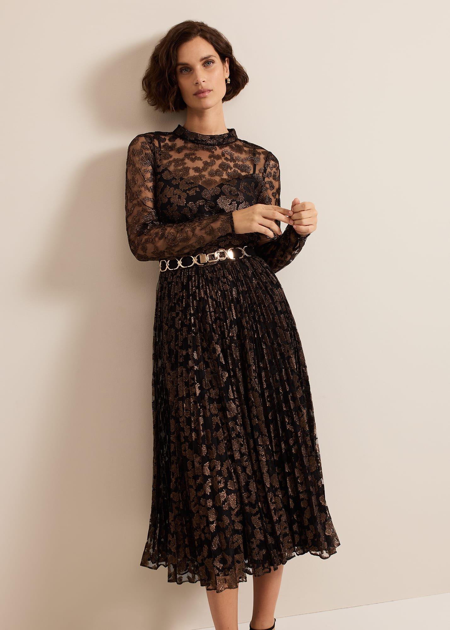 Theodora Leopard Pleat Midi Dress