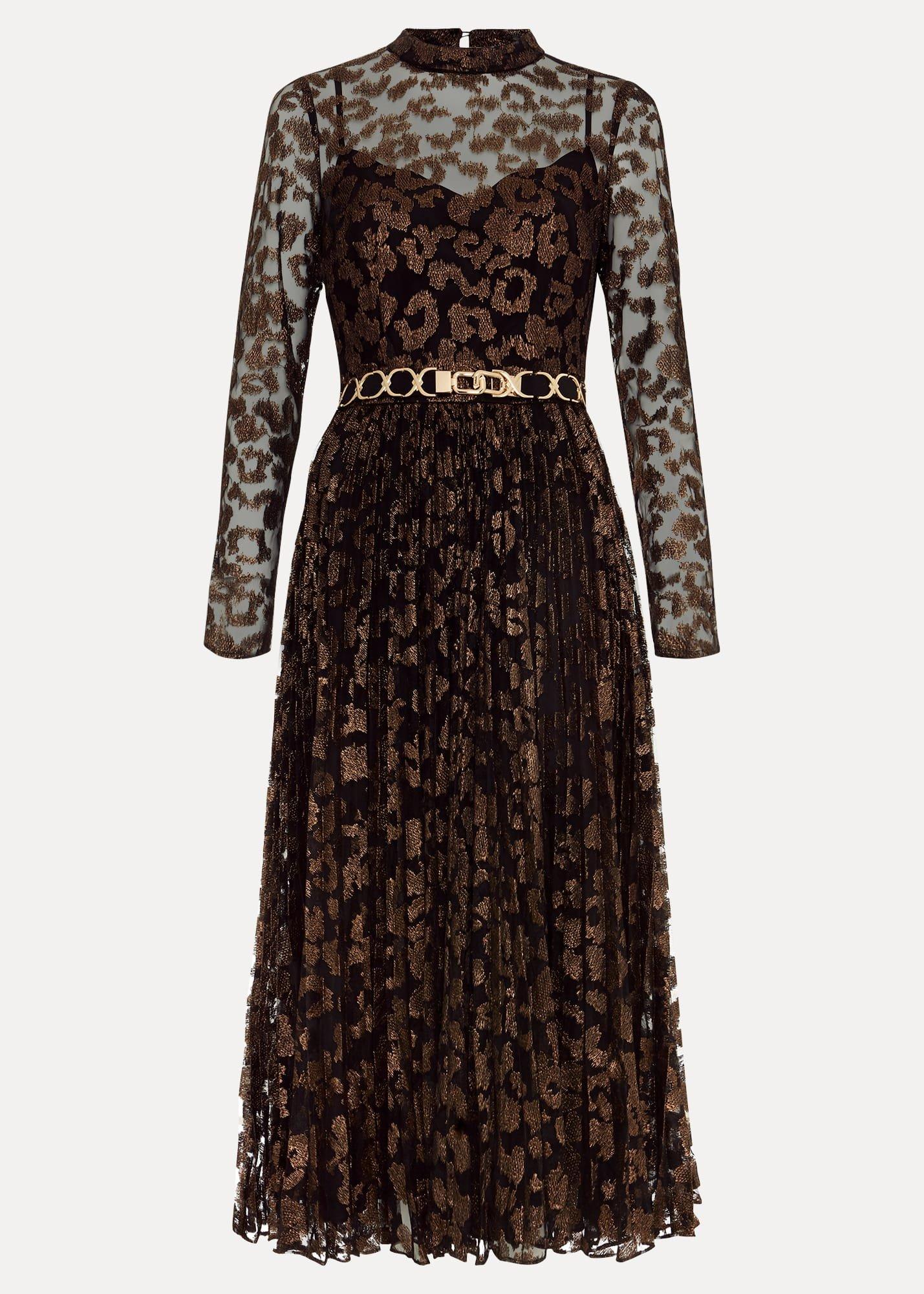Theodora Leopard Pleat Midi Dress