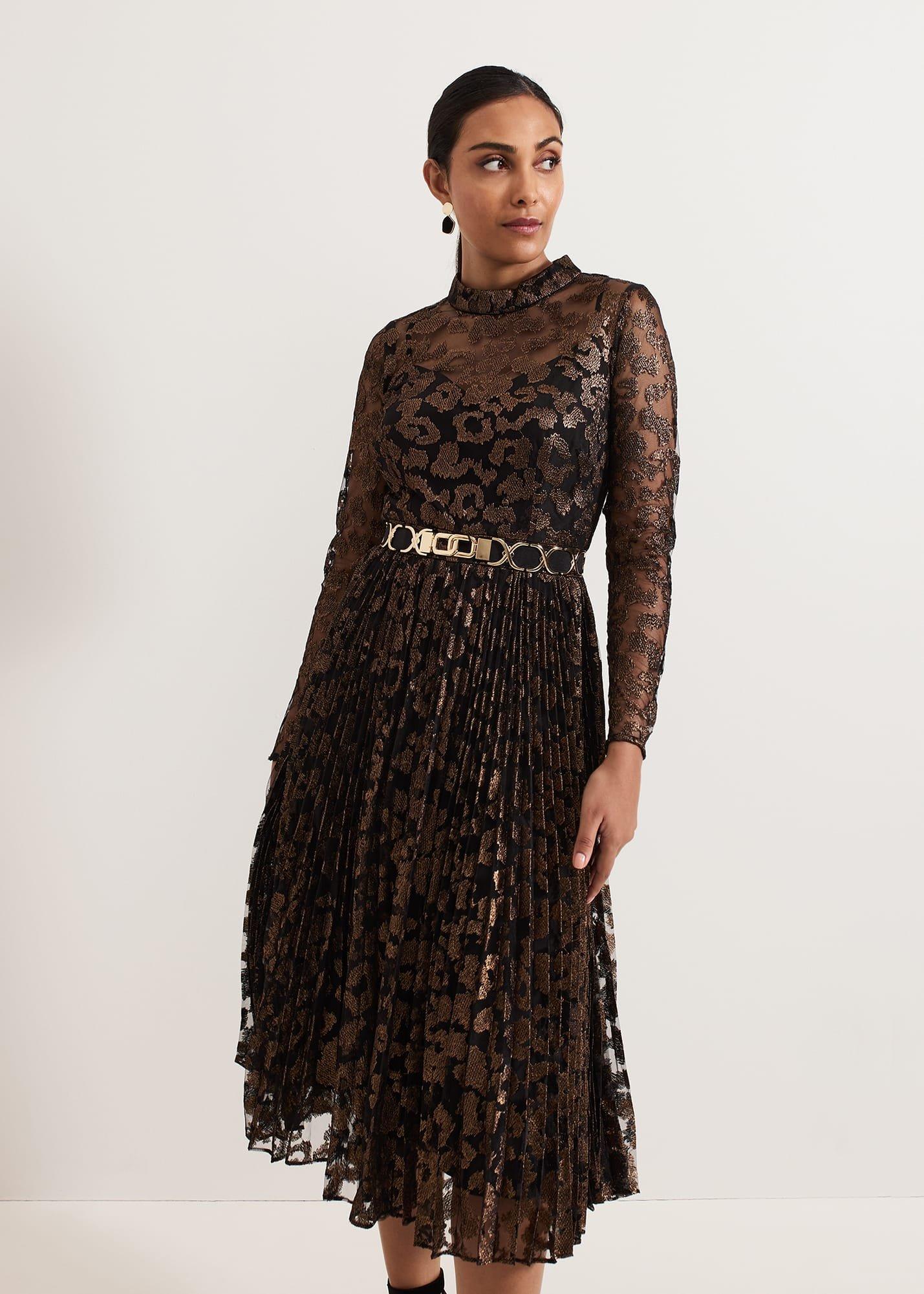 Petite Theodora Leopard Pleat Midi Dress