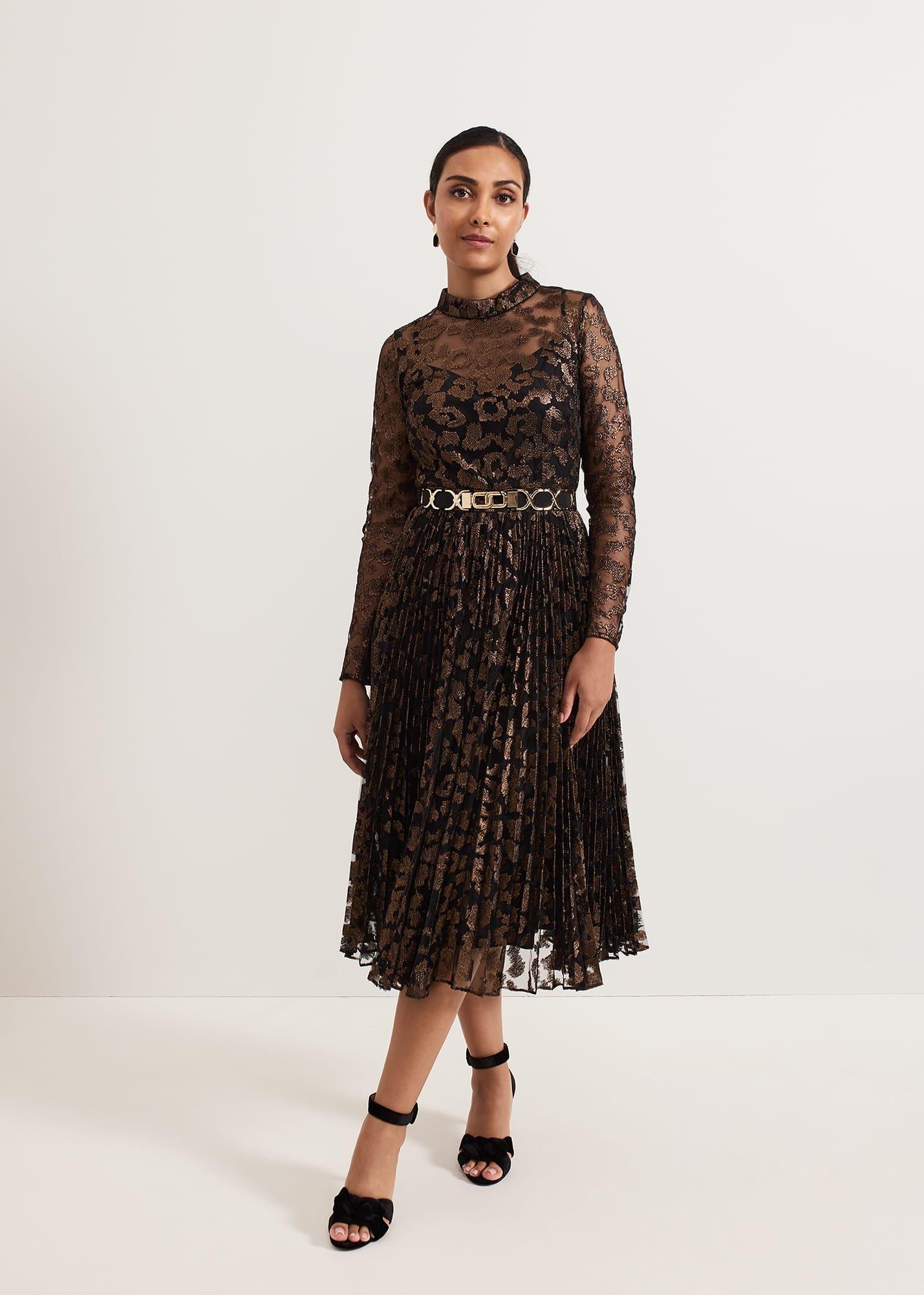 Petite Theodora Leopard Pleat Midi Dress