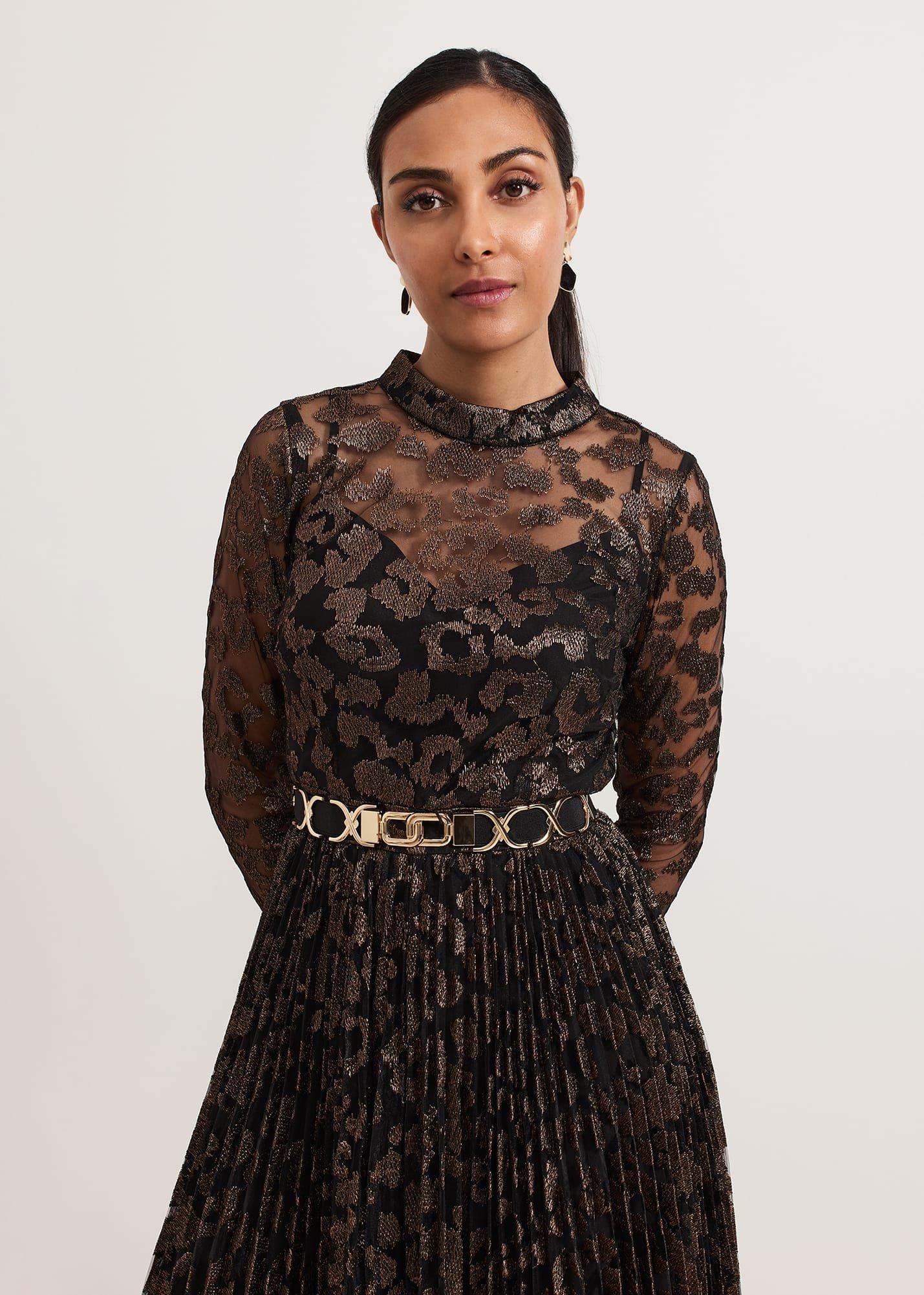 Petite Theodora Leopard Pleat Midi Dress