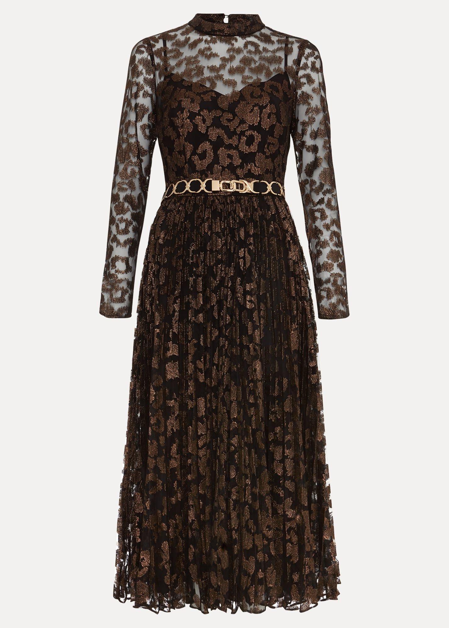 Petite Theodora Leopard Pleat Midi Dress