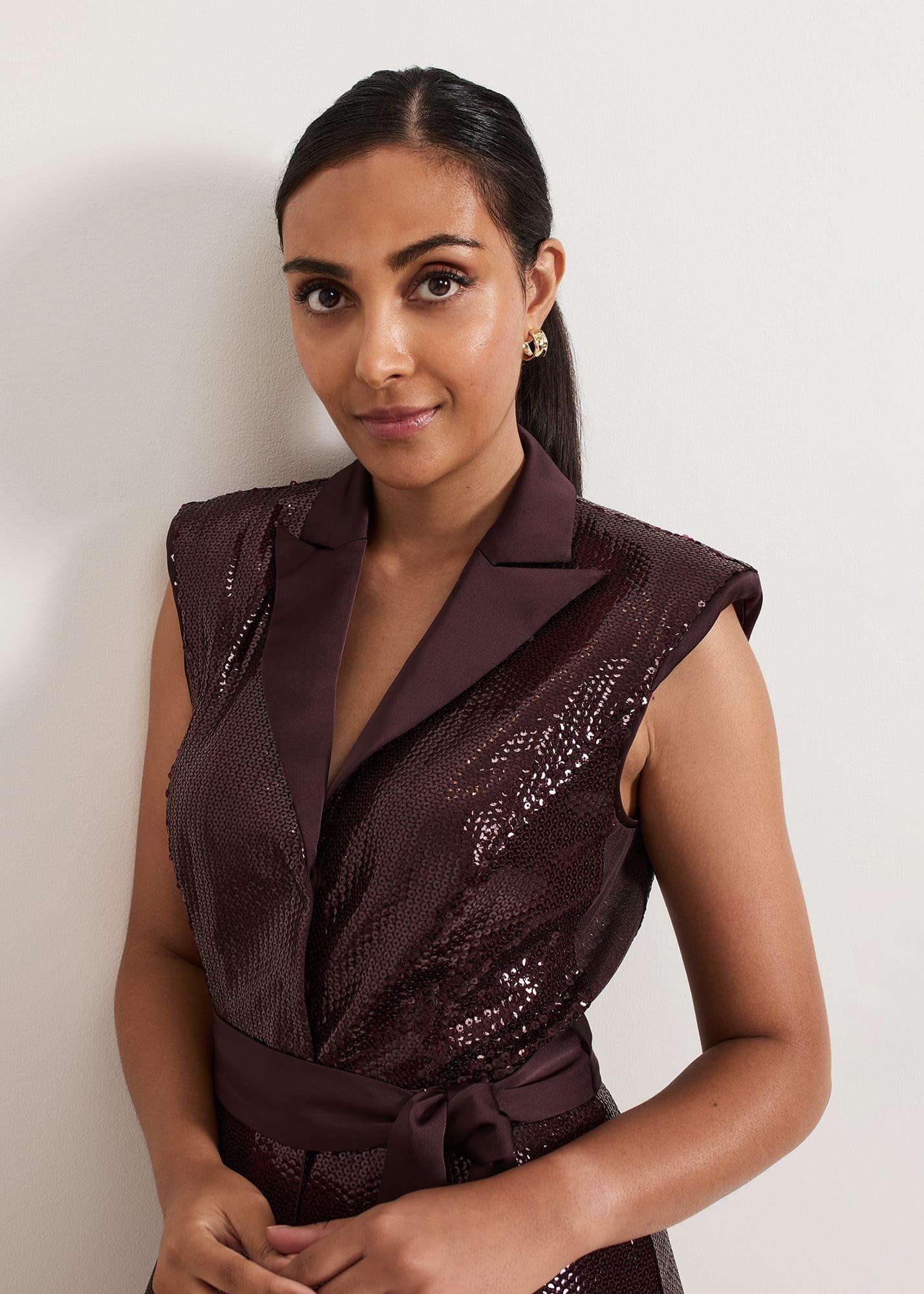 Petite Ivey Burgundy Sequin Jumpsuit