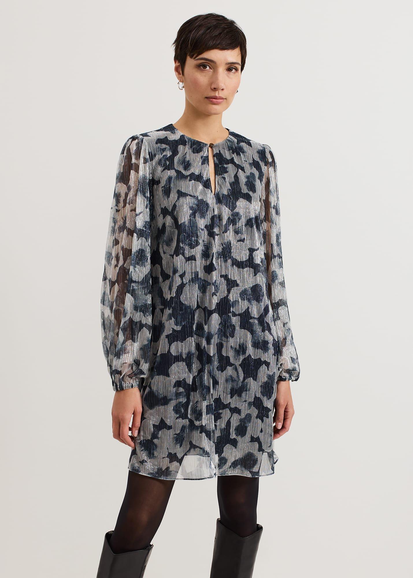 Roma Grey Floral Plisse Midi Dress