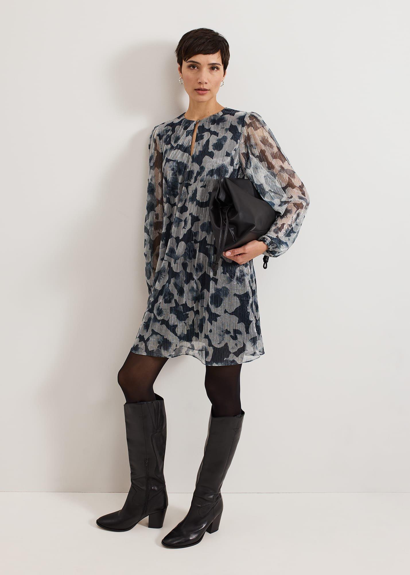 Roma Grey Floral Plisse Midi Dress
