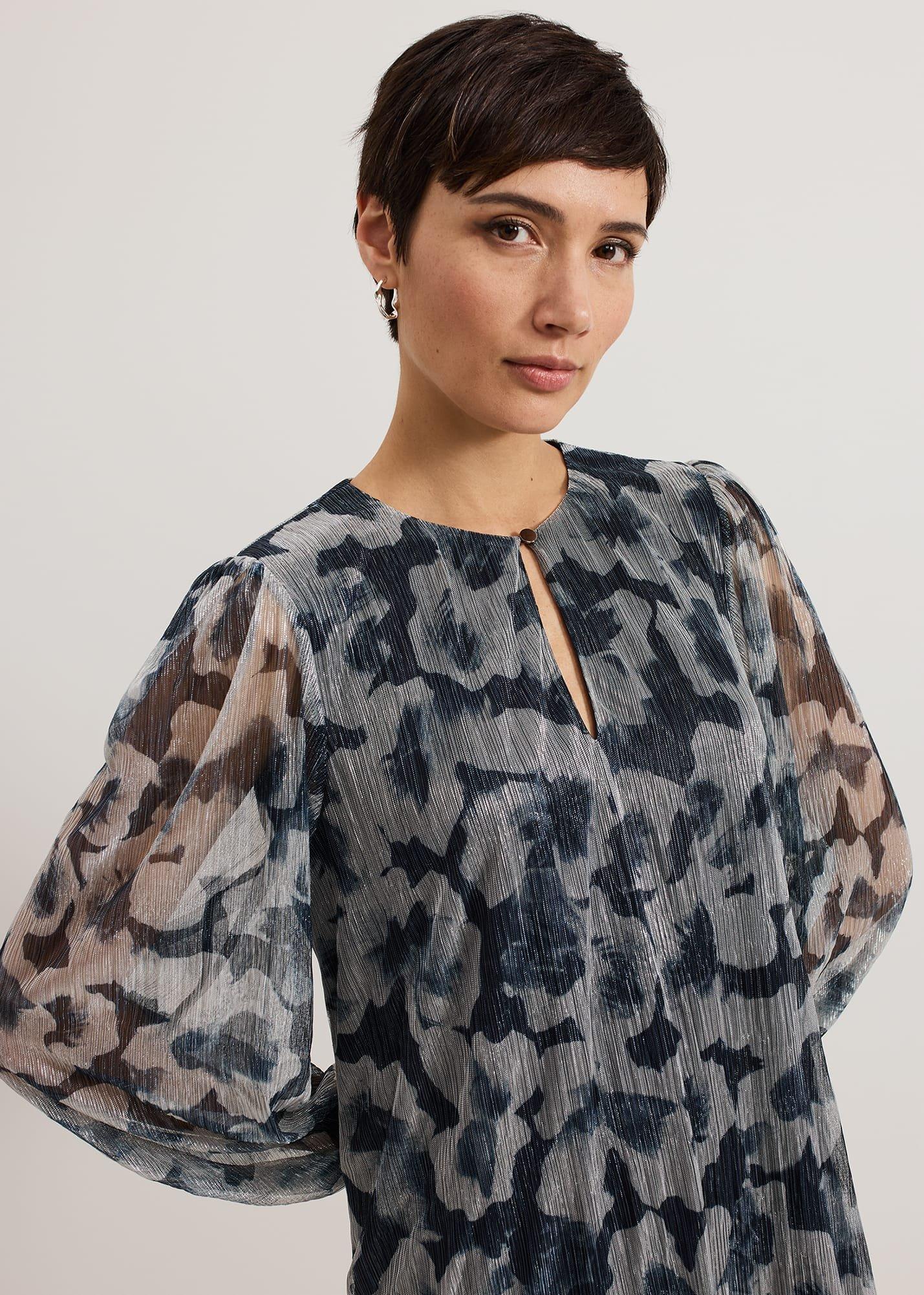 Roma Grey Floral Plisse Midi Dress