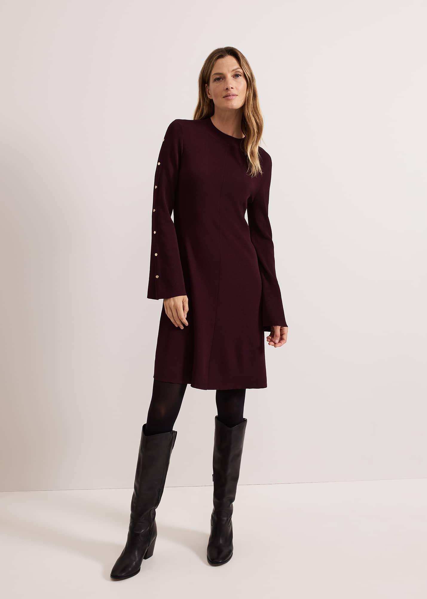 ${product-id}-Romy Studd Sleeve Knit Shift Dress-Burgundy-${view-type}