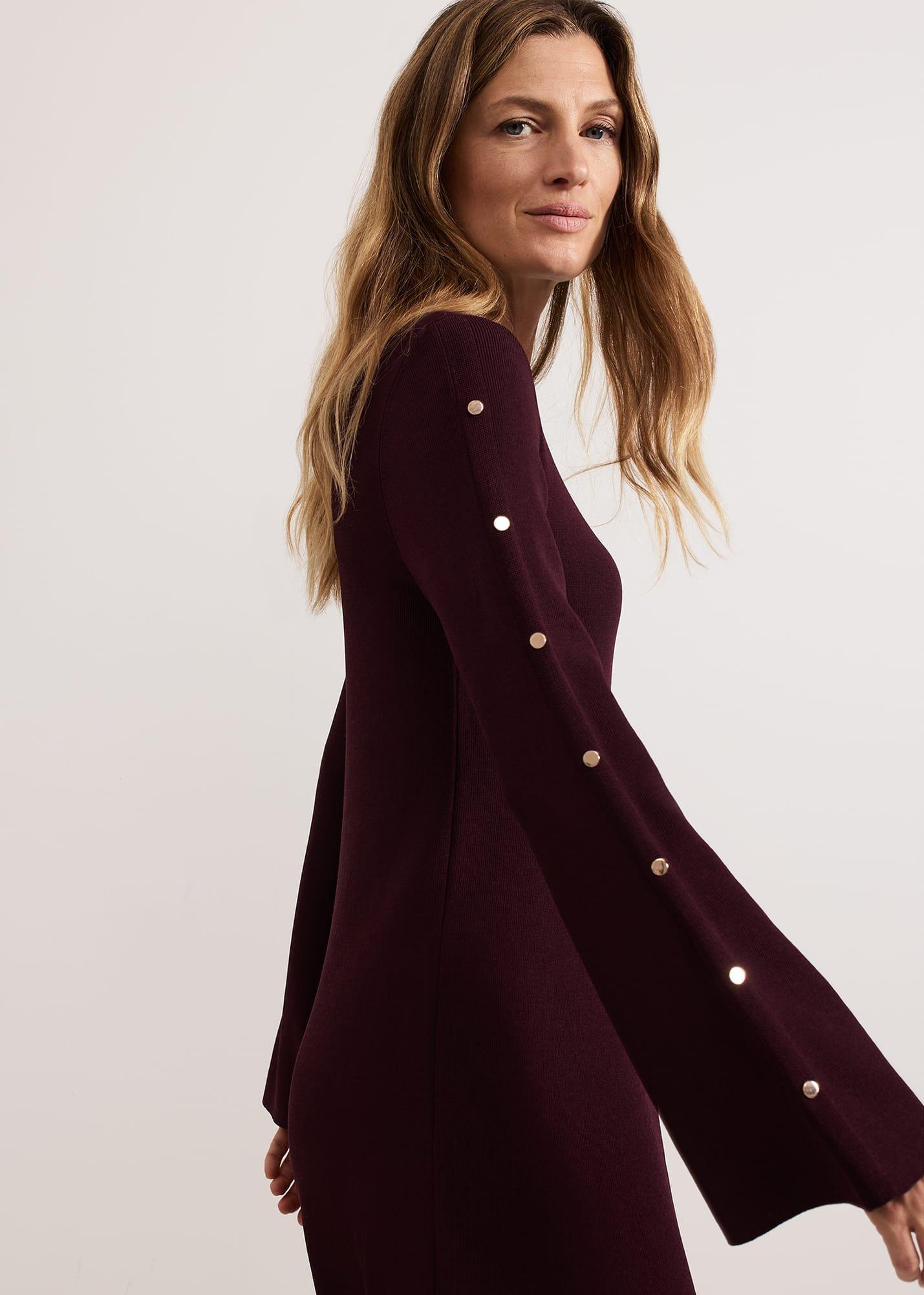 ${product-id}-Romy Studd Sleeve Knit Shift Dress-Burgundy-${view-type}