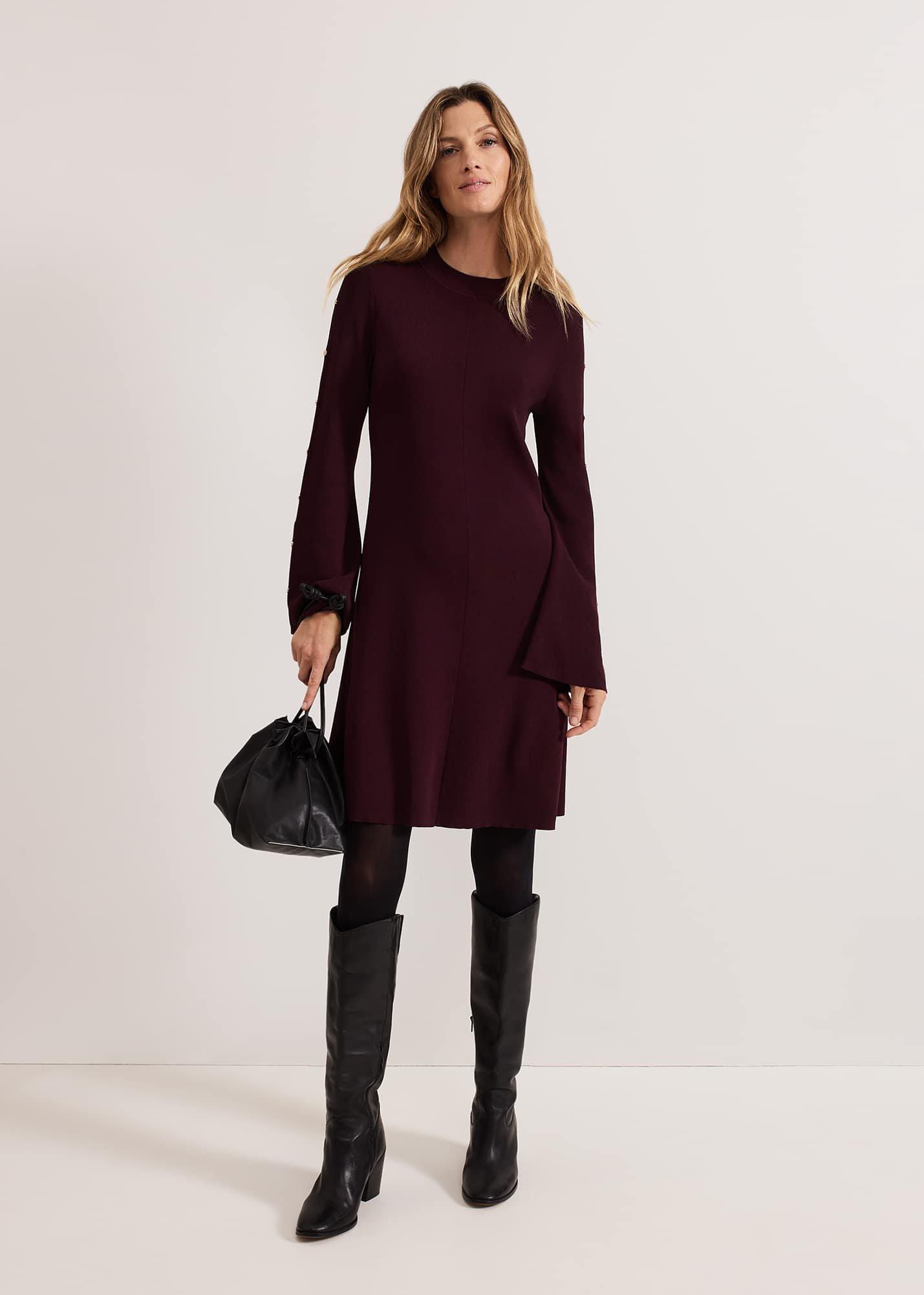 ${product-id}-Romy Studd Sleeve Knit Shift Dress-Burgundy-${view-type}