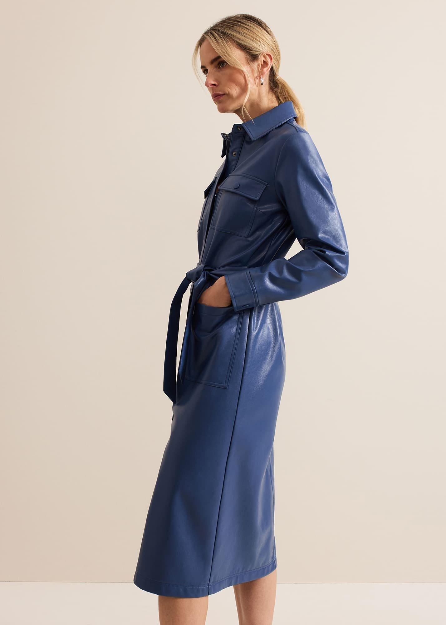 Dila Blue Faux Leather Midi Dress