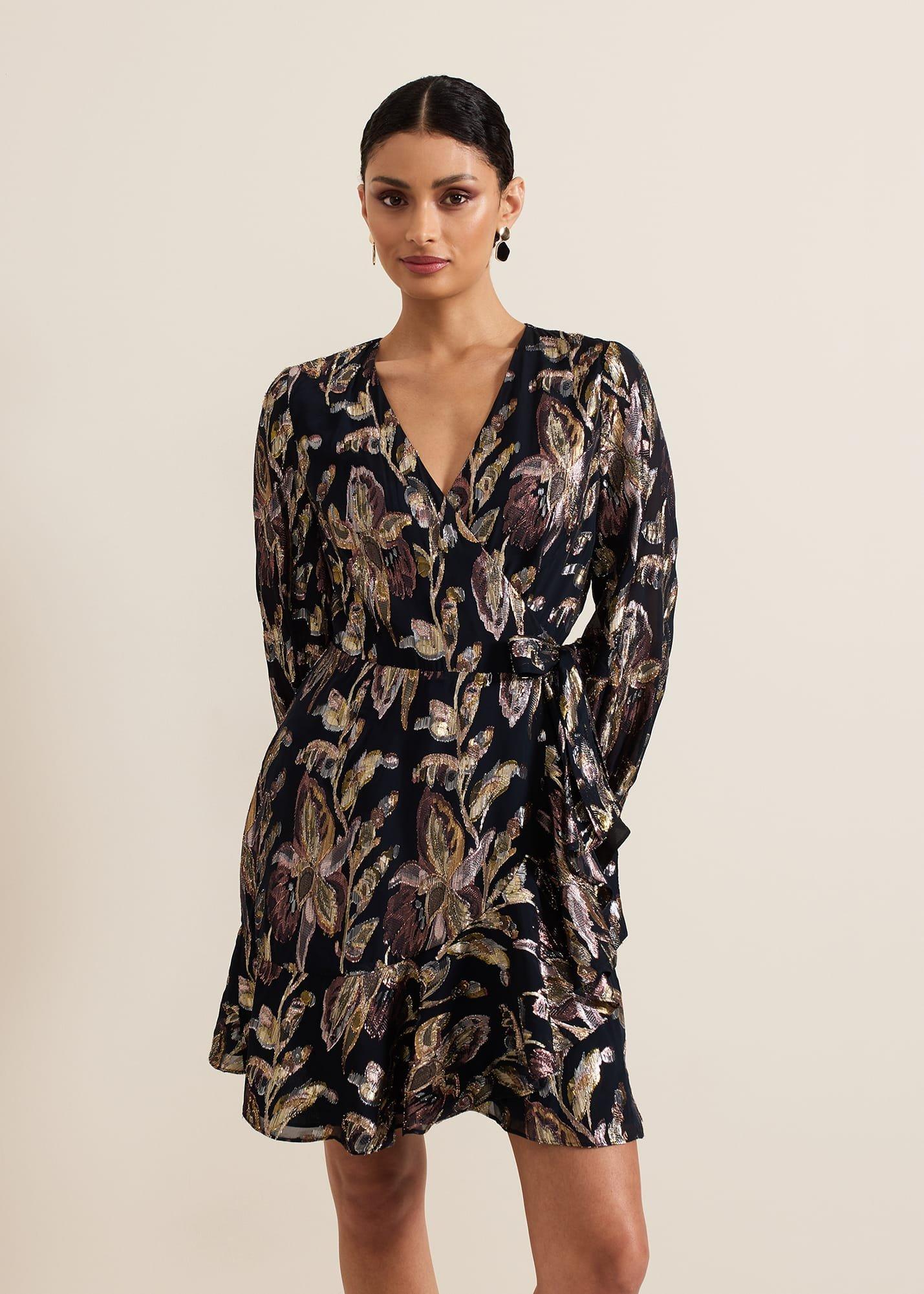 Amelia Navy Foil Wrap Dress